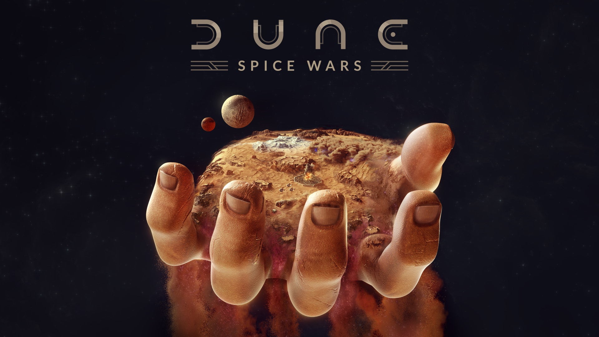 A hand holds the planet of Arrakis in the key artwork for Dune: Spice Wars
