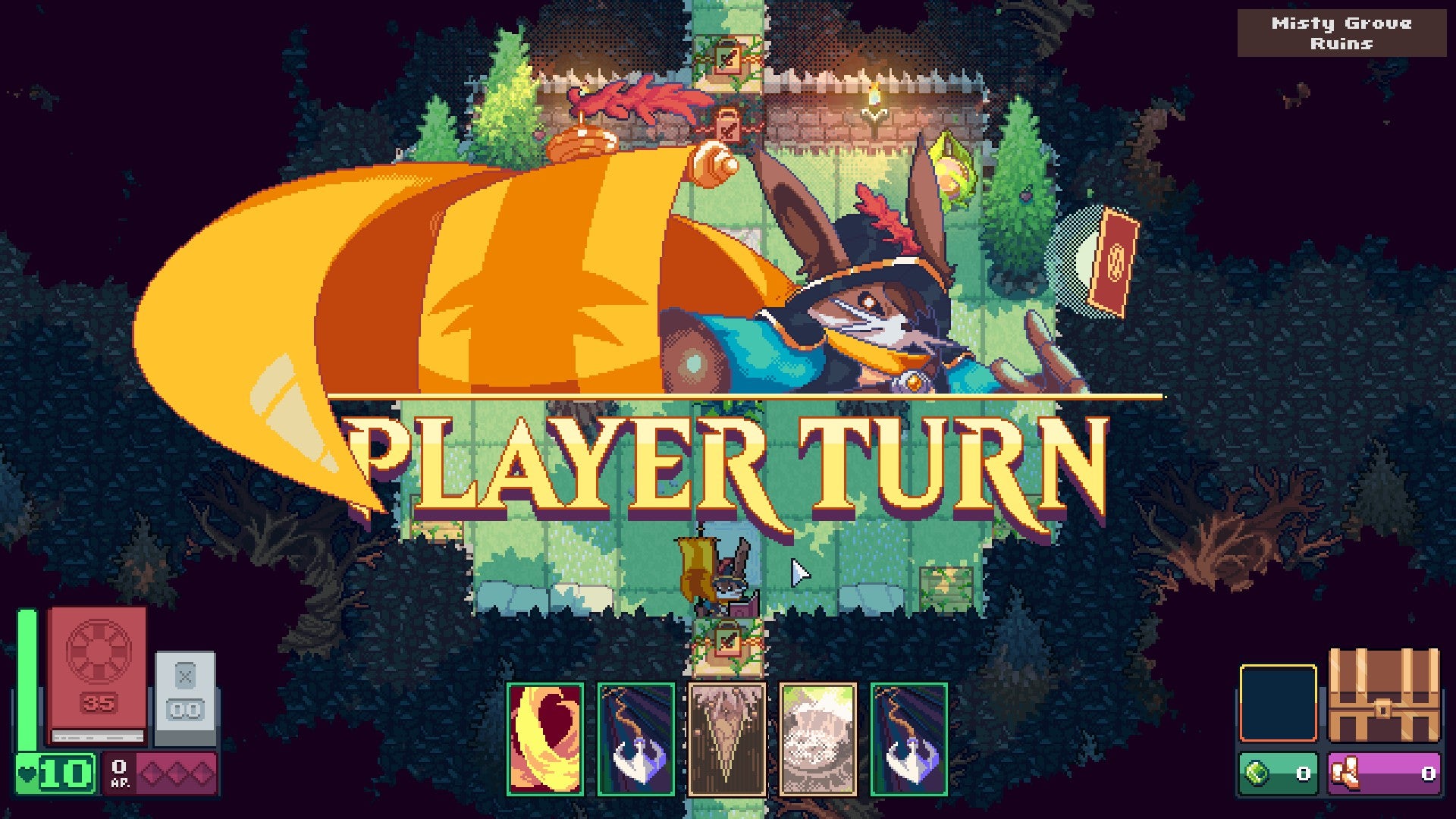 The text 'Player Turn' sits in the middle of the screen with artwork of a rabbit wizard in Dungeon Drafters