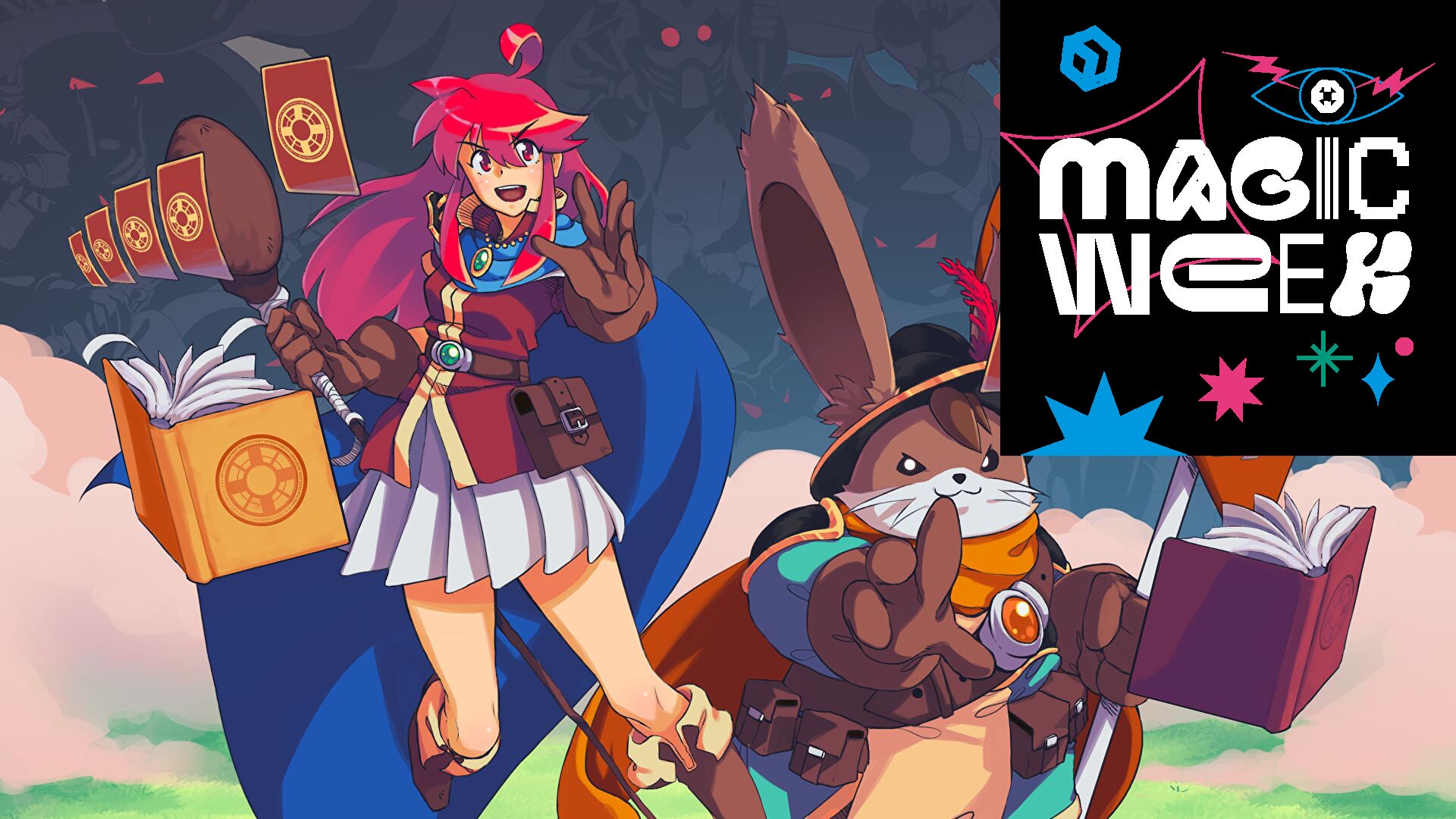 A 2D drawing of a young woman with a blue cloak and pink hair, standing alongside a large brown anthropomorphic wizard, both wield magic spellbooks full of cards in a screenshot from Dungeon Drafters. A Black square logo reading MAGIC WEEK is over the top right corner