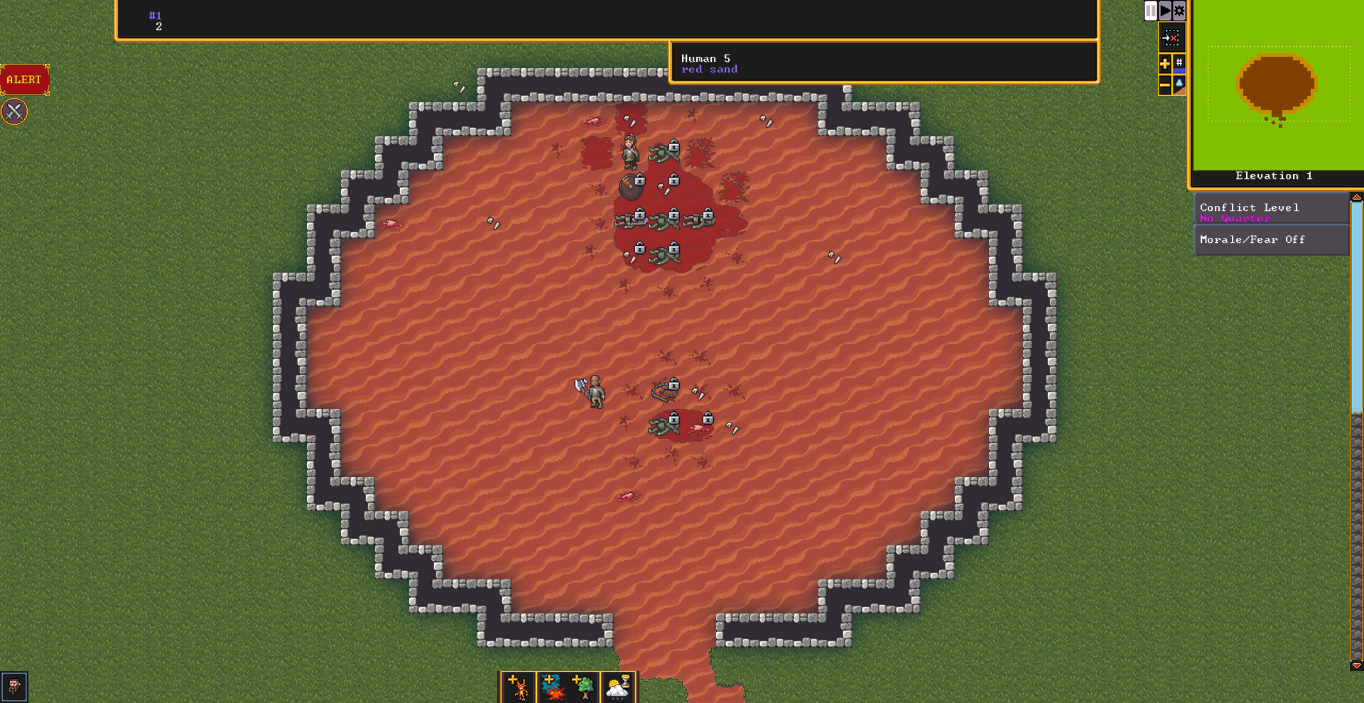 Some people stand around and some other people lie in pools of blood, rendered in topdown pixel art, in Dwarf Fortress.