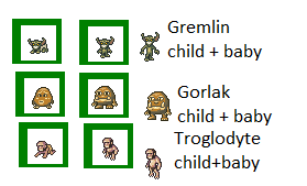 Some examples of baby sprites in Dwarf Fortress.