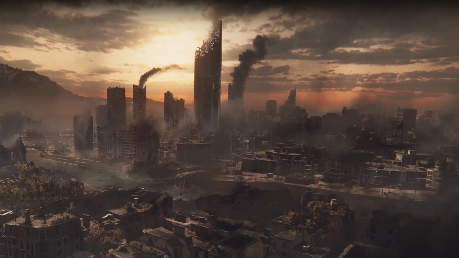 A screenshot from the ending cutscene of Dying Light 2 showing Villedor in ruins.