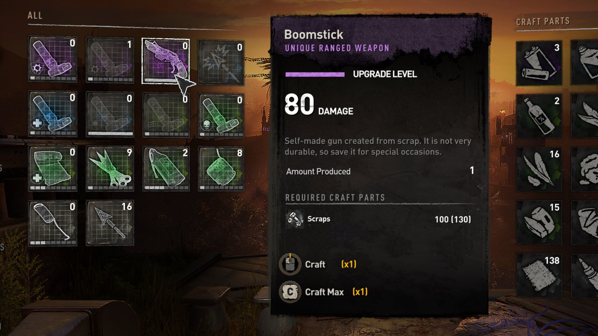 Assembling a boomstick from scavenged items in Dying Light 2's crafting menu.