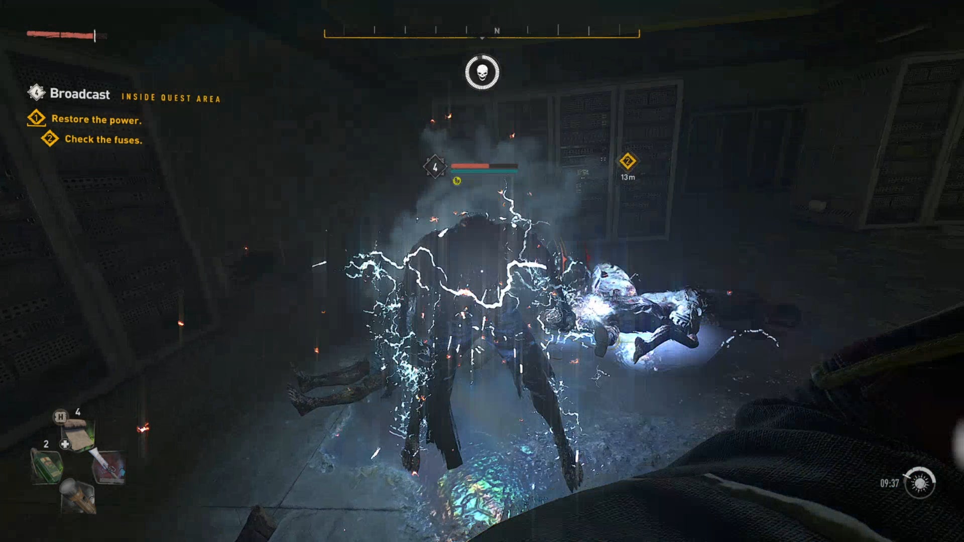 Dying Light 2: the player walks up to a zombie that is being electrocuted.