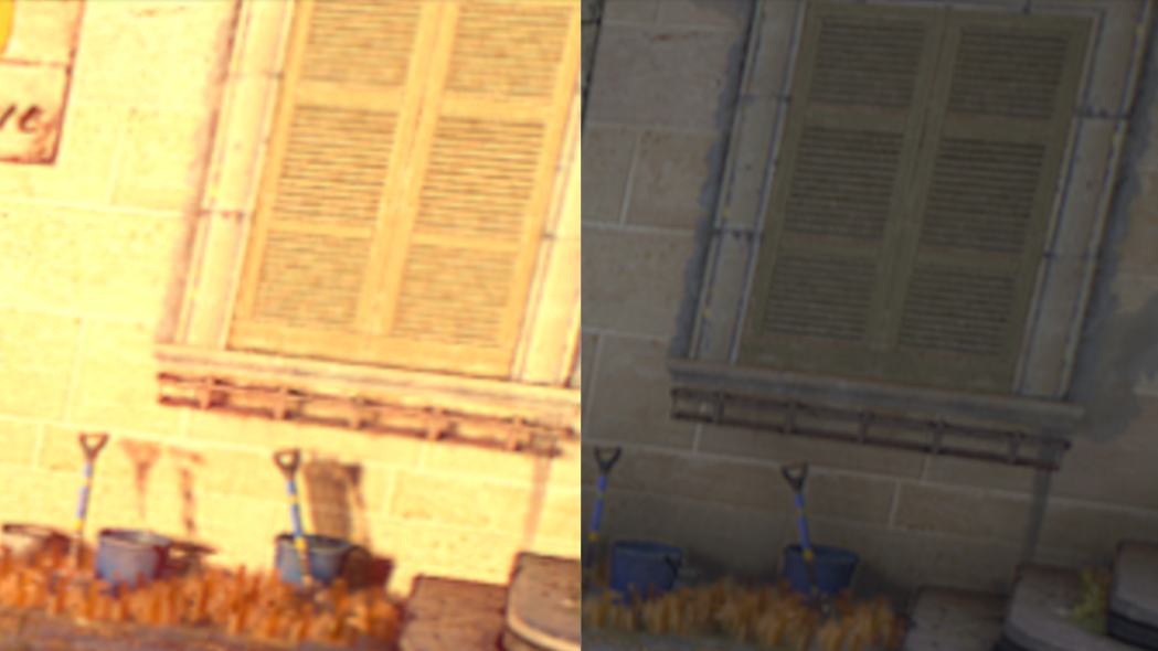 A comparison image showing some shutters in Dying Light 2, before and after a DLSS update.