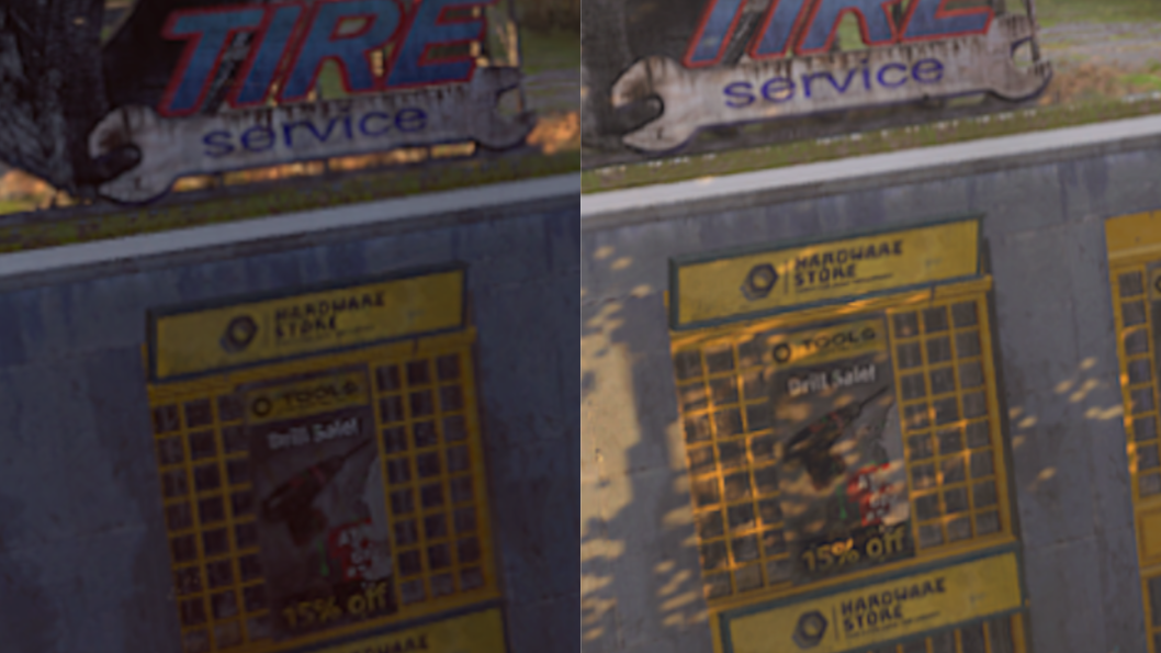 A comparison image showing a storefront in Dying Light 2, before and after a DLSS update.