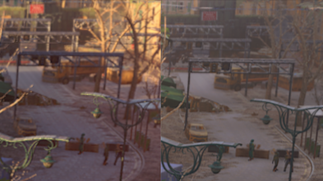 A comparison image showing a street in Dying Light 2, before and after a DLSS update.