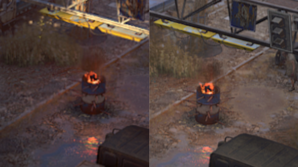 A comparison image showing a burning barrel in Dying Light 2, before and after a DLSS update.