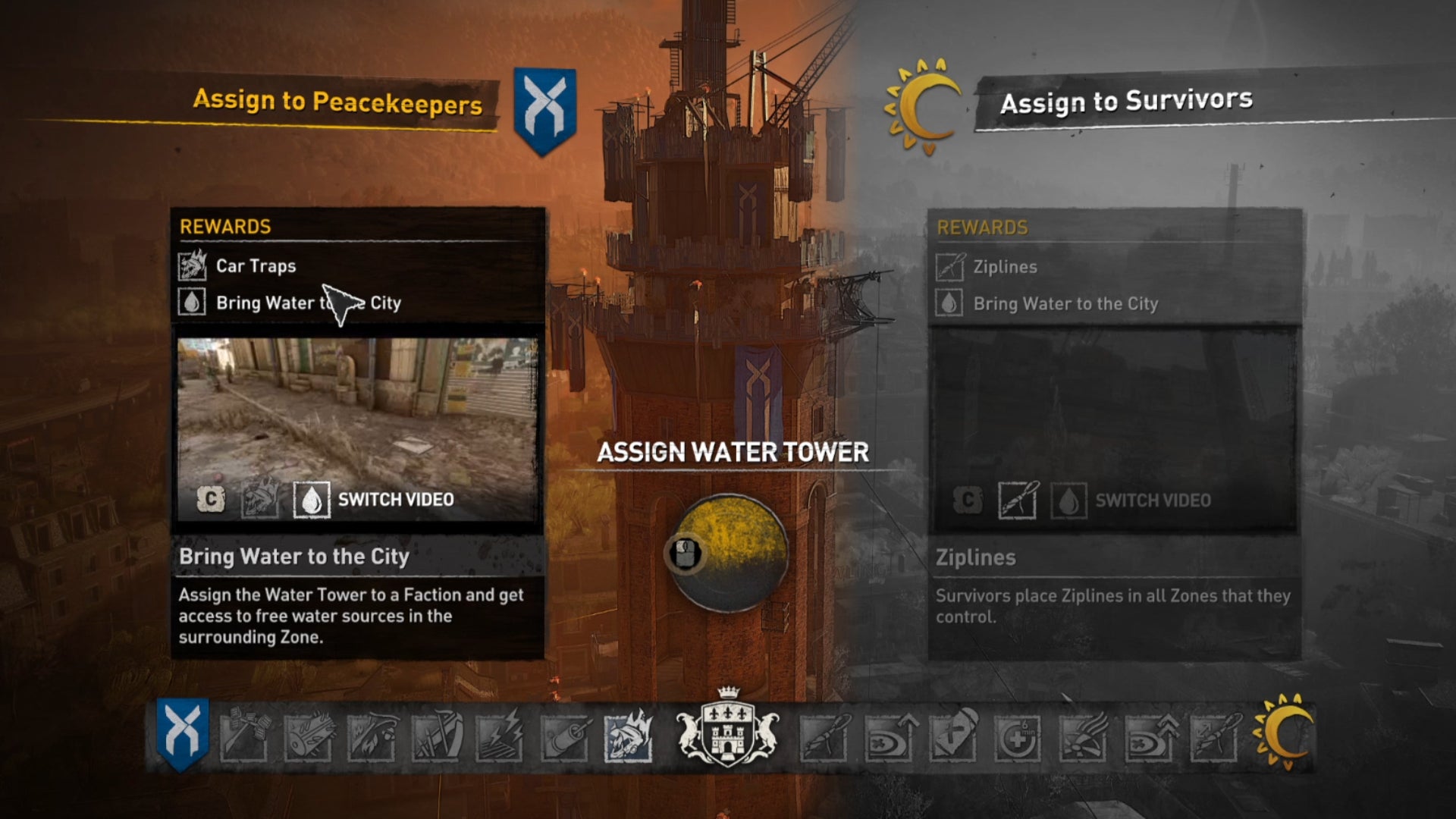 The Facility alignment screen in Dying Light 2, where the player must choose who to give a zone of the map to: Peacekeepers, or Survivors.