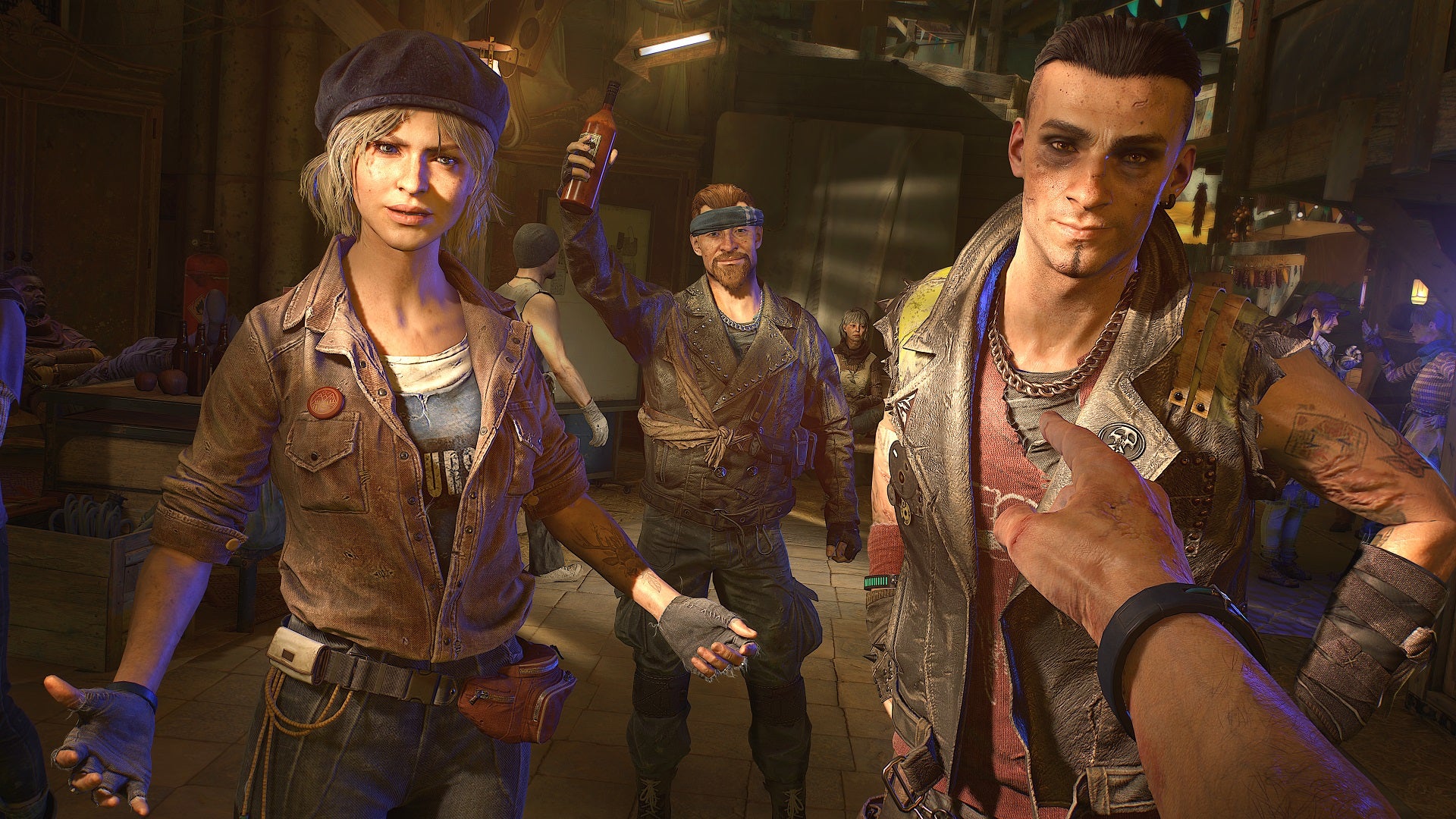 A group of smiling NPCs greet your character in Dying Light 2.