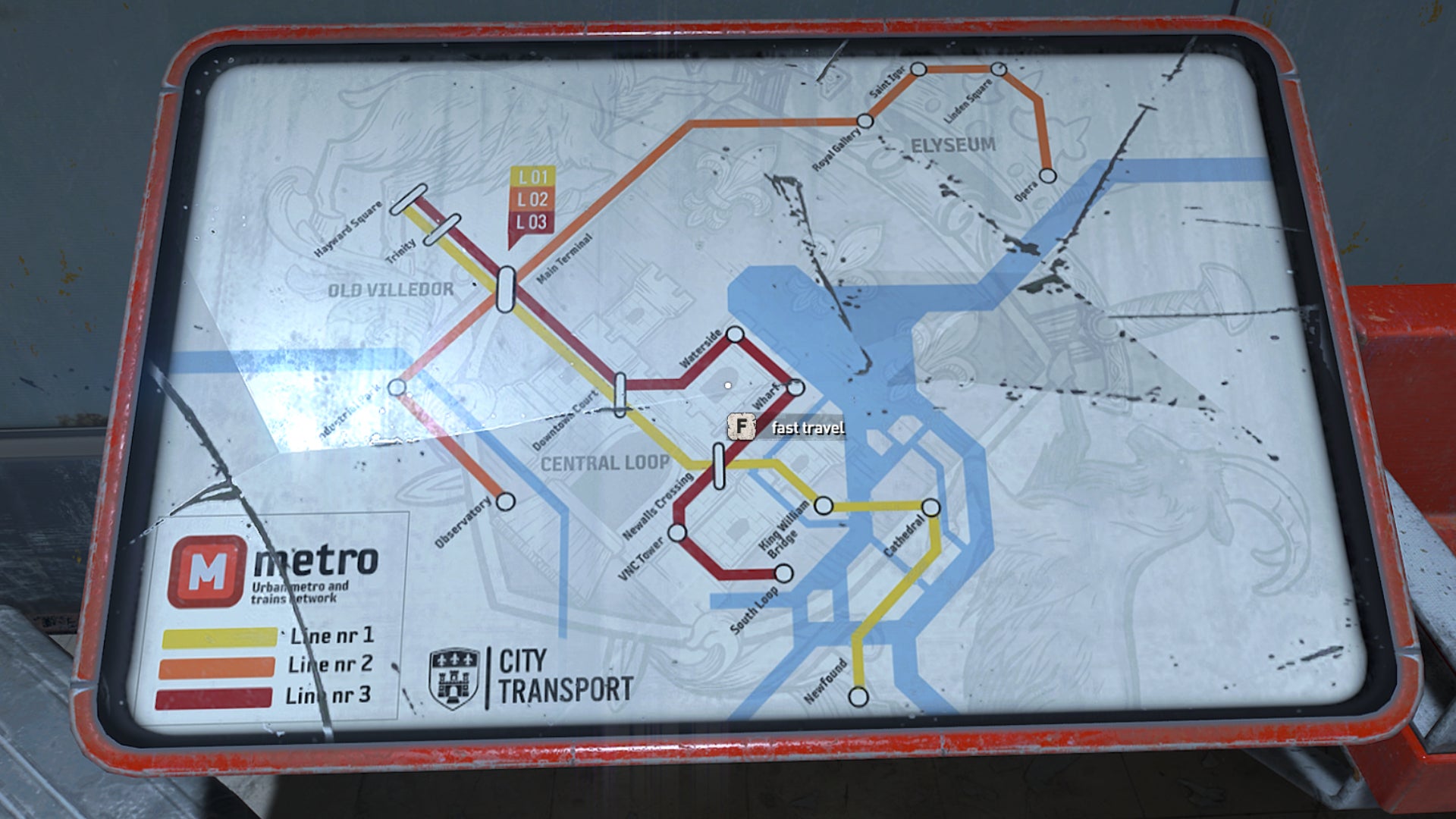 A metro station map in Dying Light 2. The player can interact with this map to fast travel to a new location.