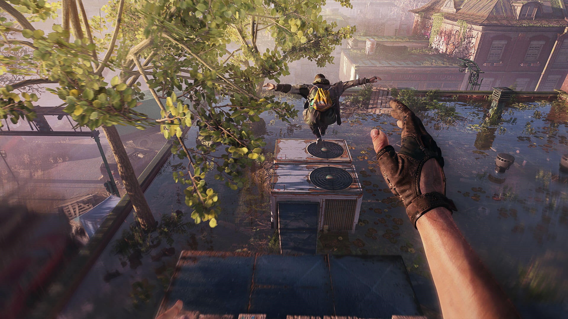 The player follows another character parkouring across a rooftop in Dying Light 2