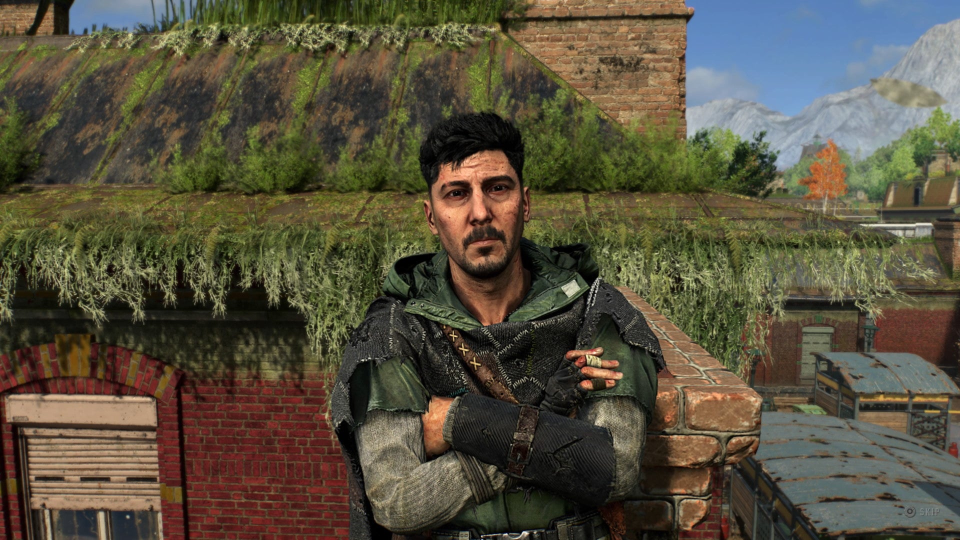 Hakon leans against a grassy building in Dying Light 2