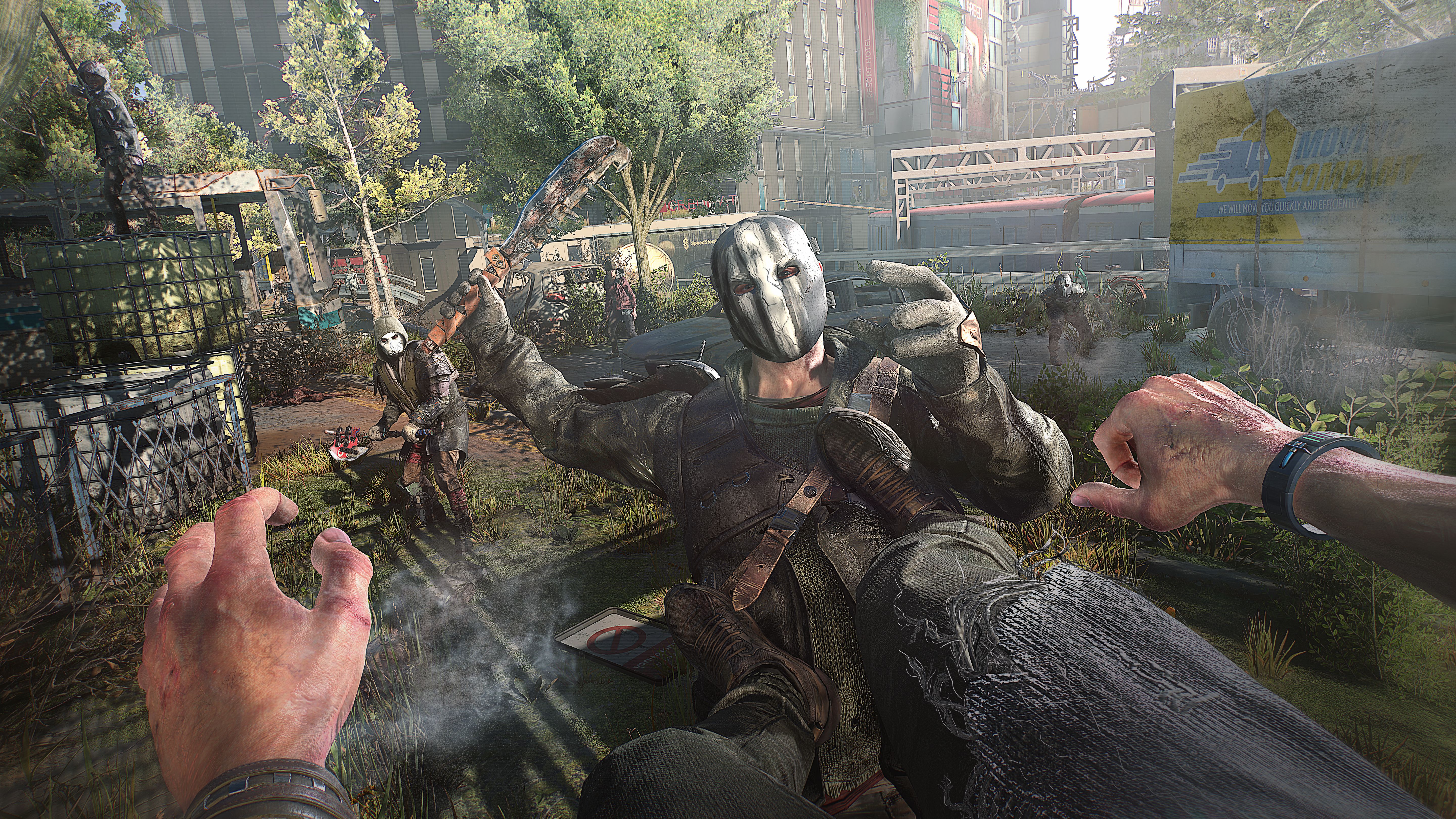 A promotional screenshot from a preview of Dying Light 2, showing the protagonist's first person view as they double-kick a bandit in the chest