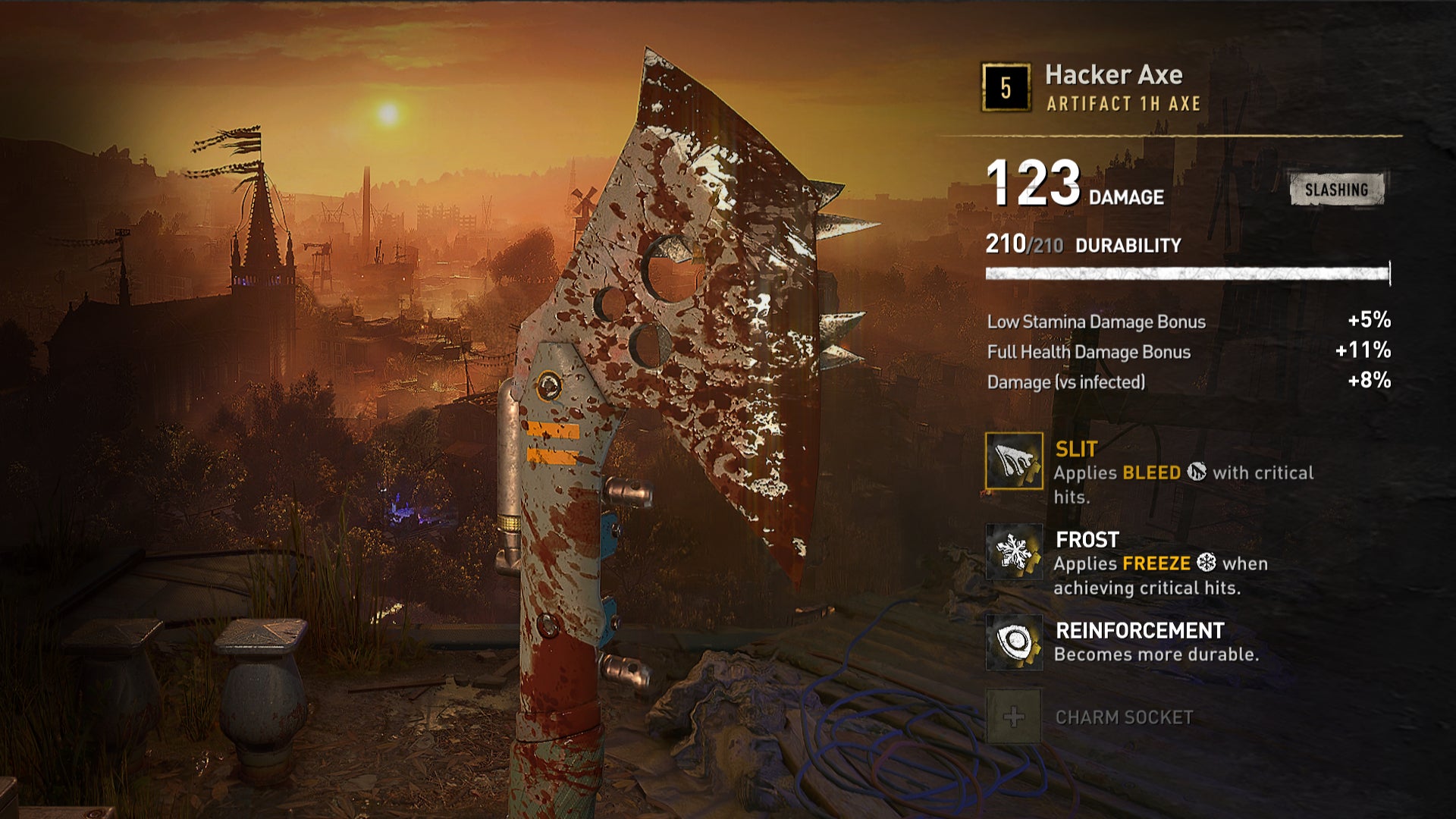 The weapon modification screen in Dying Light 2, featuring a Hacker Axe with three weapon mods attached.