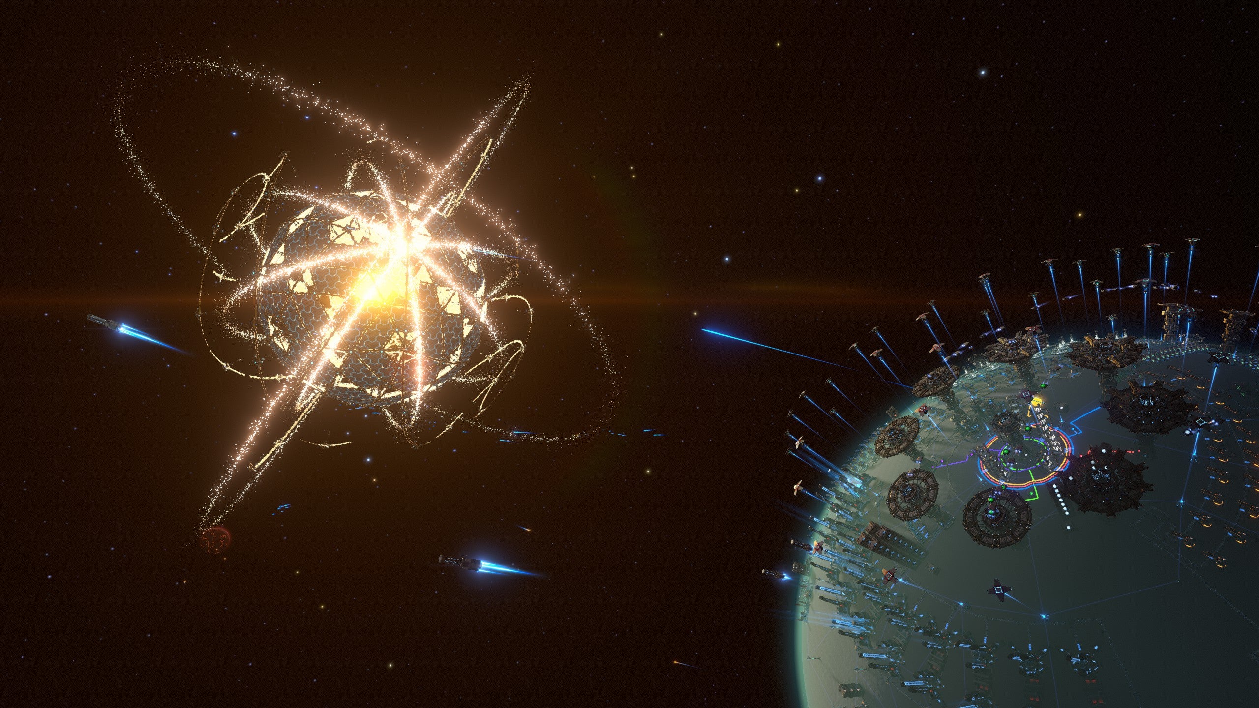 A Dyson Sphere Program screenshot of the beginnings of a Dyson Sphere around a star, with a planet in the foreground sporting a science factory at one of its poles.