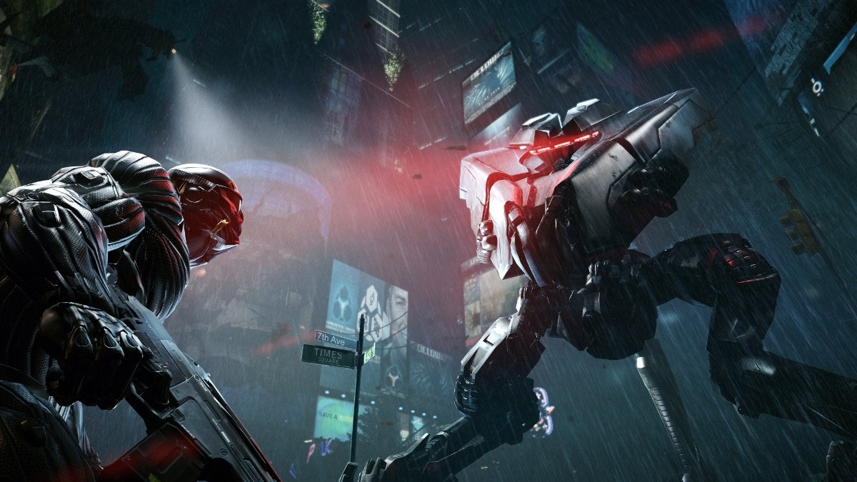 A screenshot of Crysis 2 (Remastered?) showing a dude in a nanosuit facing down a tripod robot in the rain.