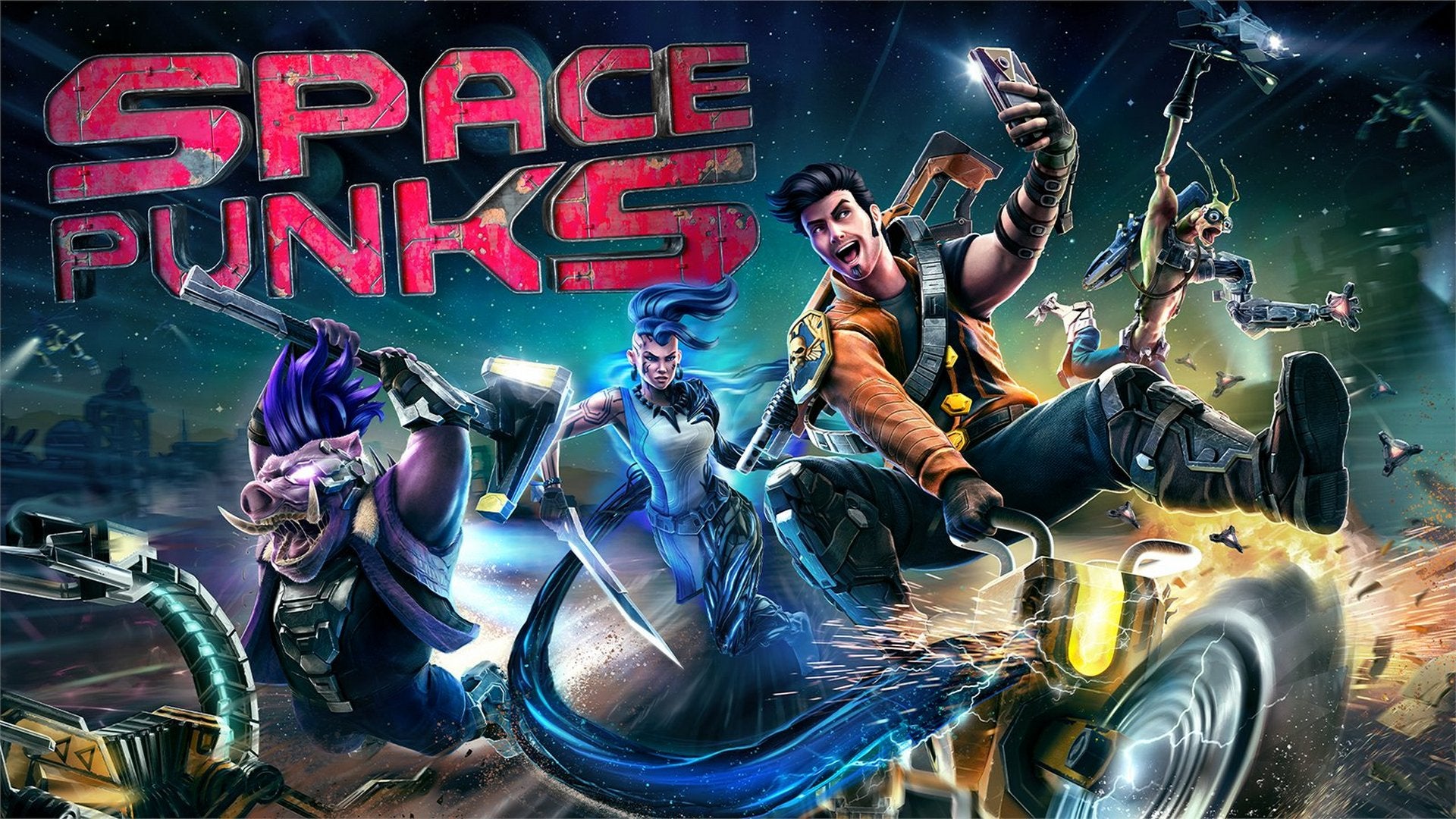 Artwork for Space Punks, showing four characters side by side as they strike different poses