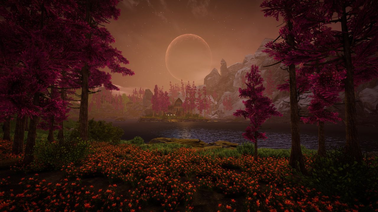 A night scene from Eastshade, a crescent moon in a red sky looming over a small house surrounded by purple-red trees