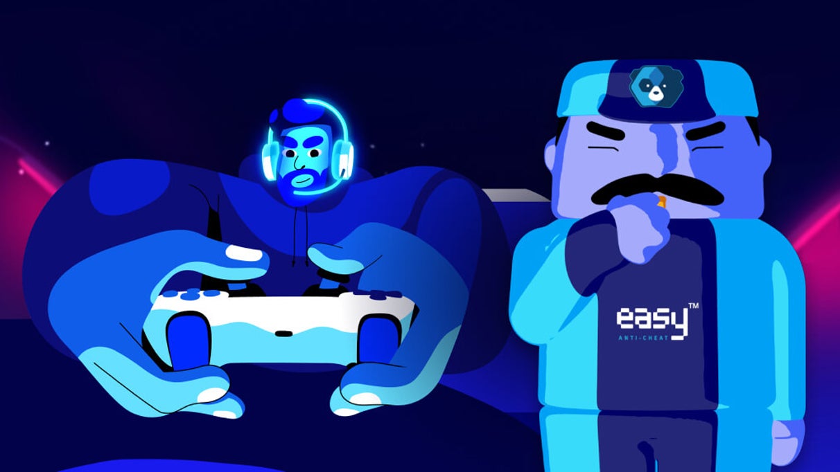 An illustration of a person on a couch playing a game alongside a man in an Easy Anti-Cheat uniform blowing a whistle like a referee.