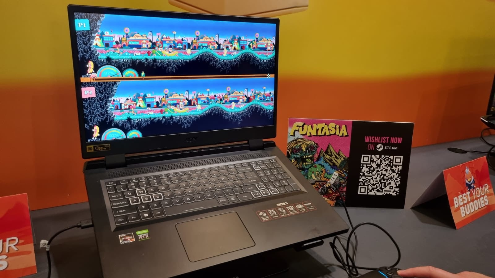 A laptop playing Funtasia at EGX 2022.