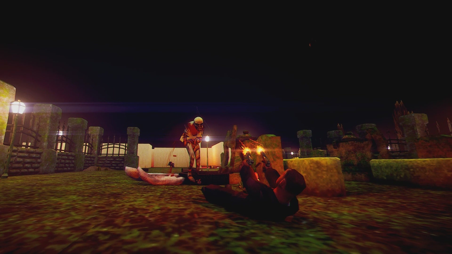 A screenshot of El Paso, Elsewhere showing what looks like a graveyard with low resolution textures. A man lies on his back on the ground firing akimbo pistols at a shambling monster.