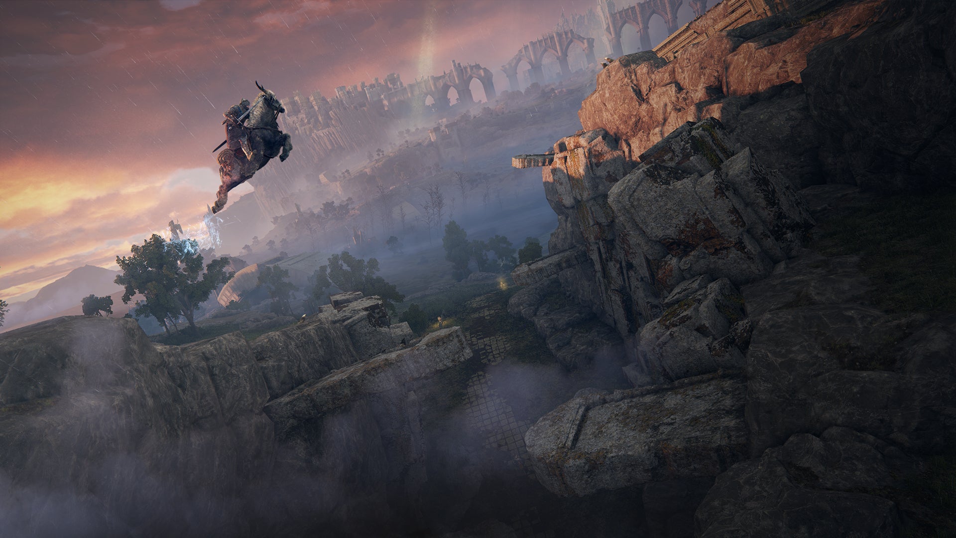 A warrior on a horse leaps high towards a cliff in an Elden Ring screenshot.