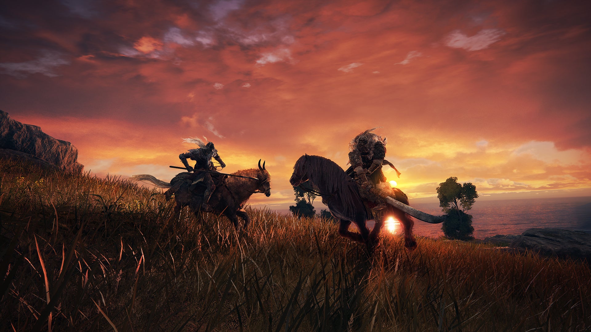 Two warriors on horseback charge towards each other with weapons ready in an Elden Ring screenshot.