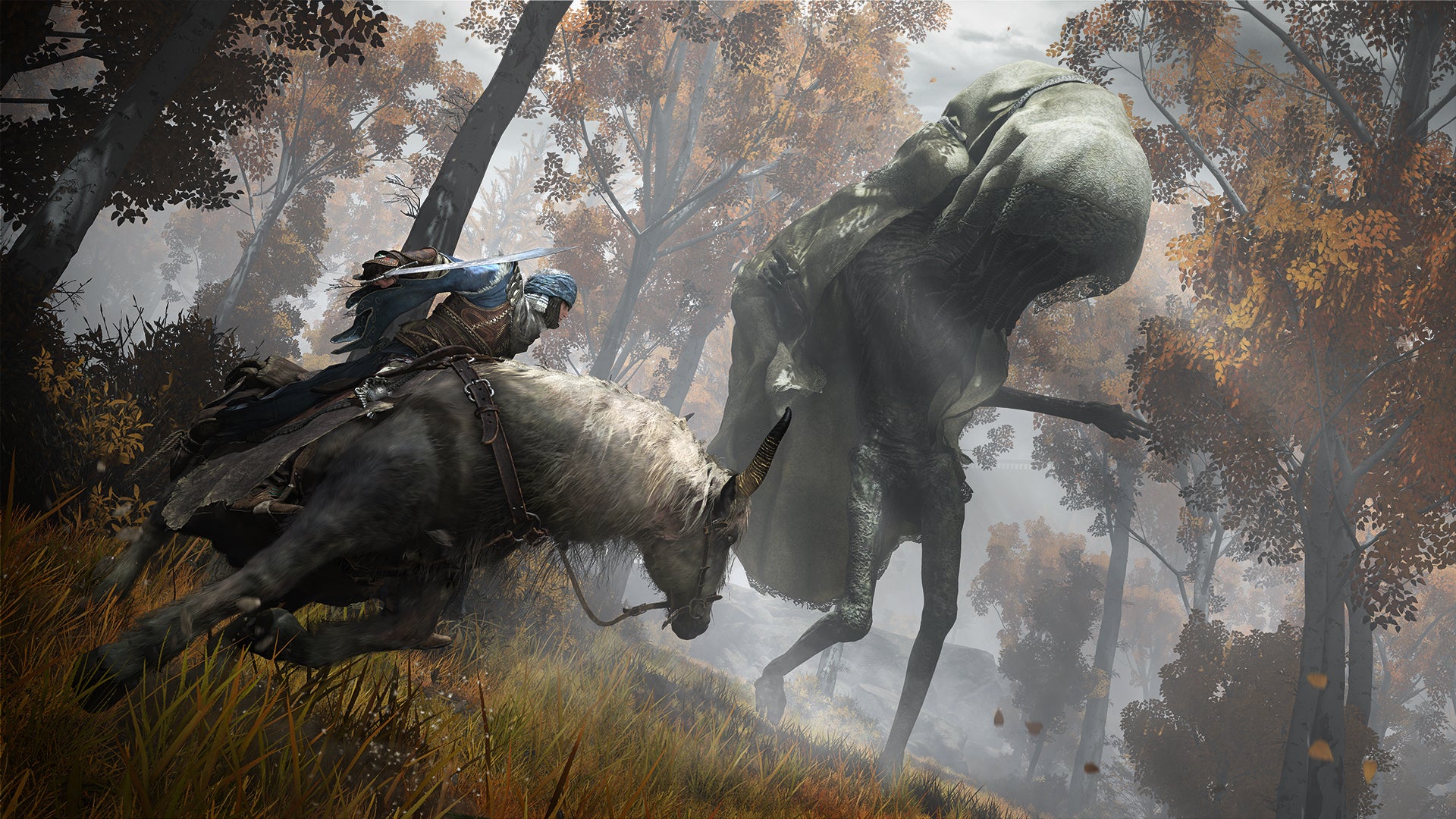 A warrior on a horse circles a giant hooded monster with tendrils pouring out from beneath their veil in an Elden Ring screenshot.
