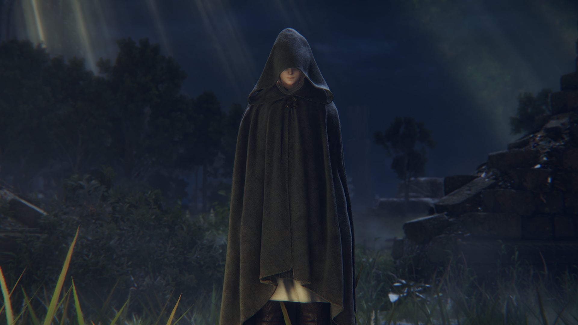 A mysterious cloaked figure in an Elden Ring screenshot.