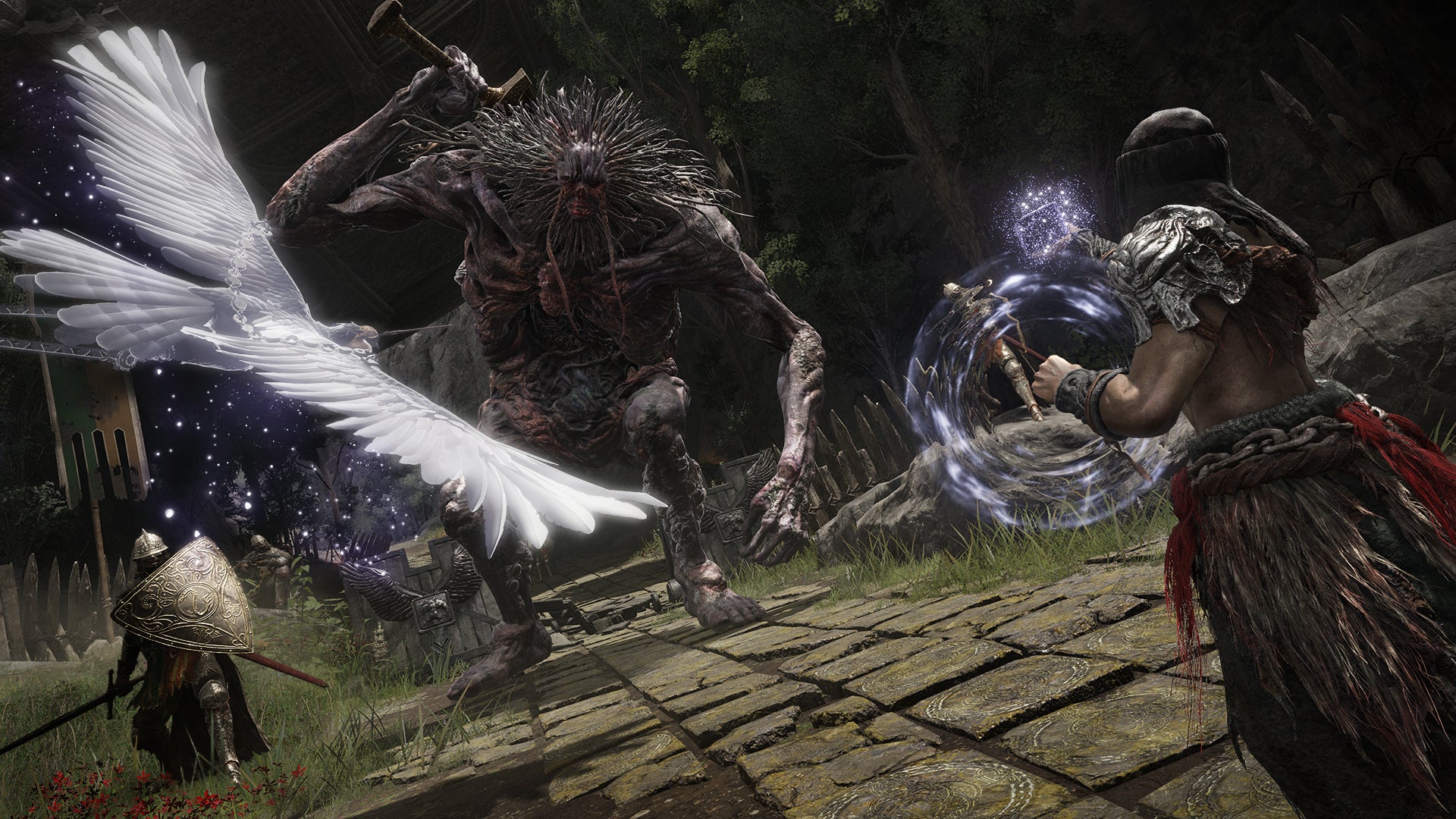 Summoning a bird with magic in a fight against a withered giant in an Elden Ring screenshot.