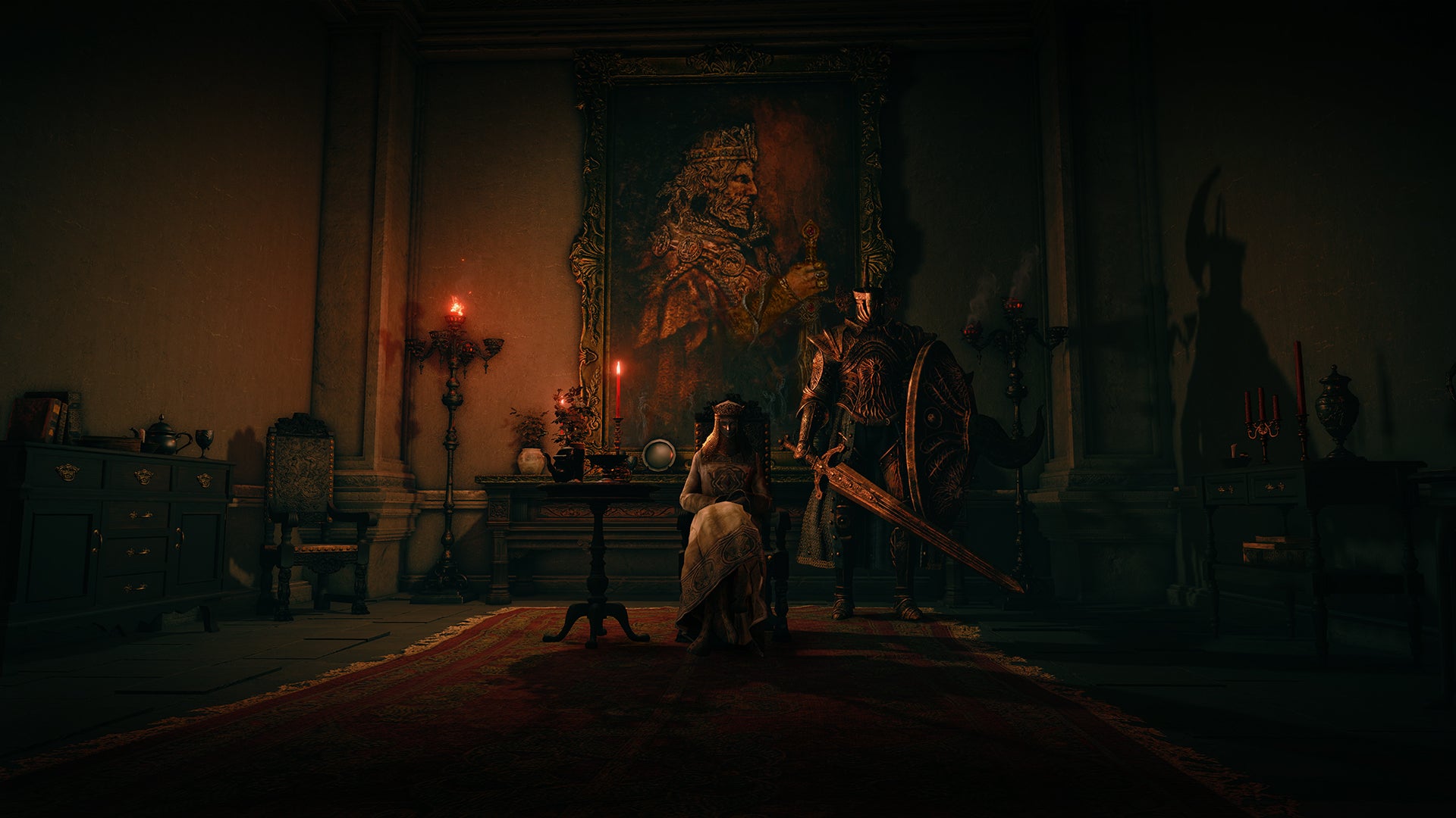 A regal figure sets in a fancy room beside a bodyguard in an Elden Ring screenshot.