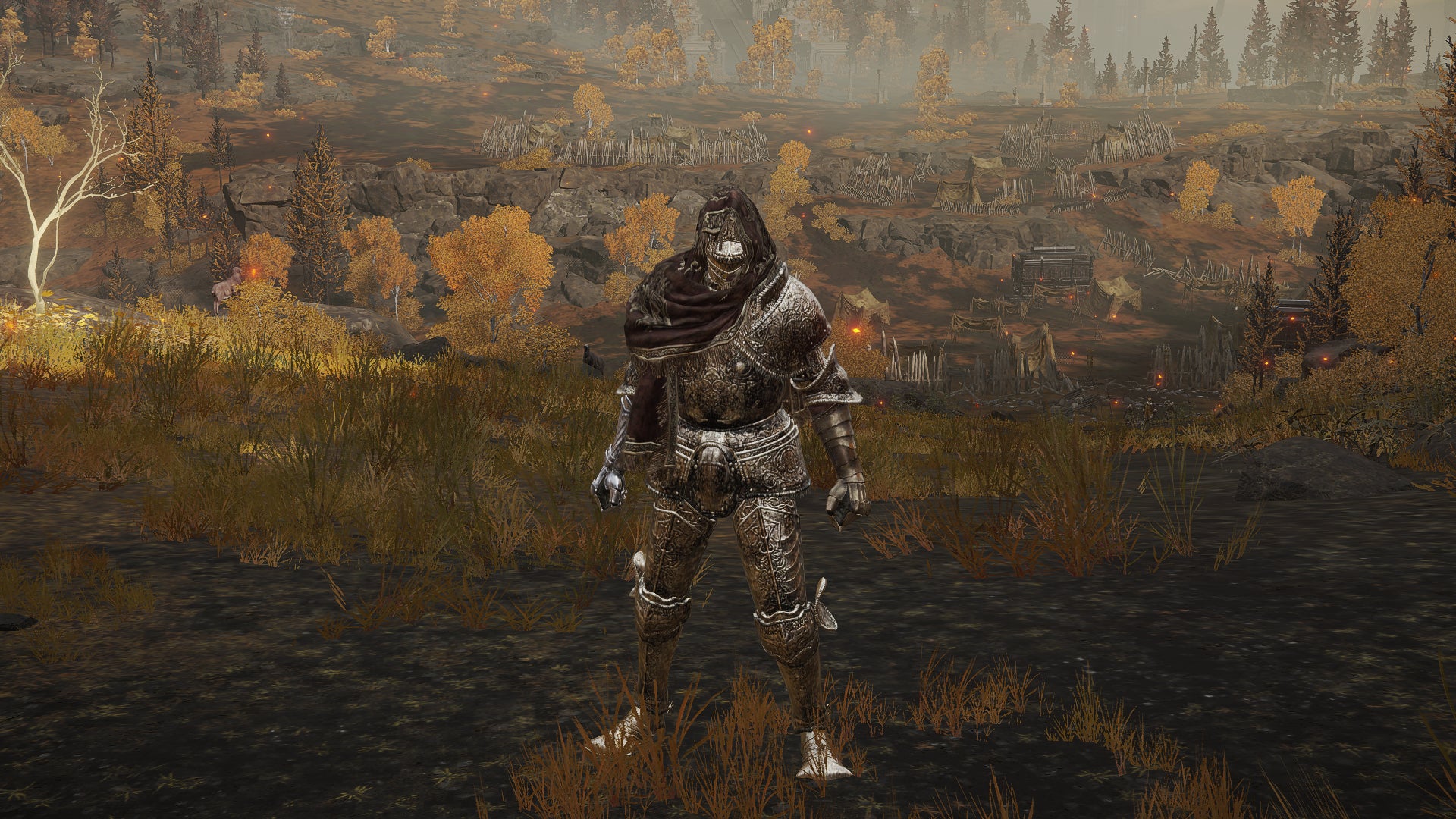 The player in Elden Ring stands in front of the camera wearing the Banished Knight armour set. Behind them is a view of the Altus Plateau.