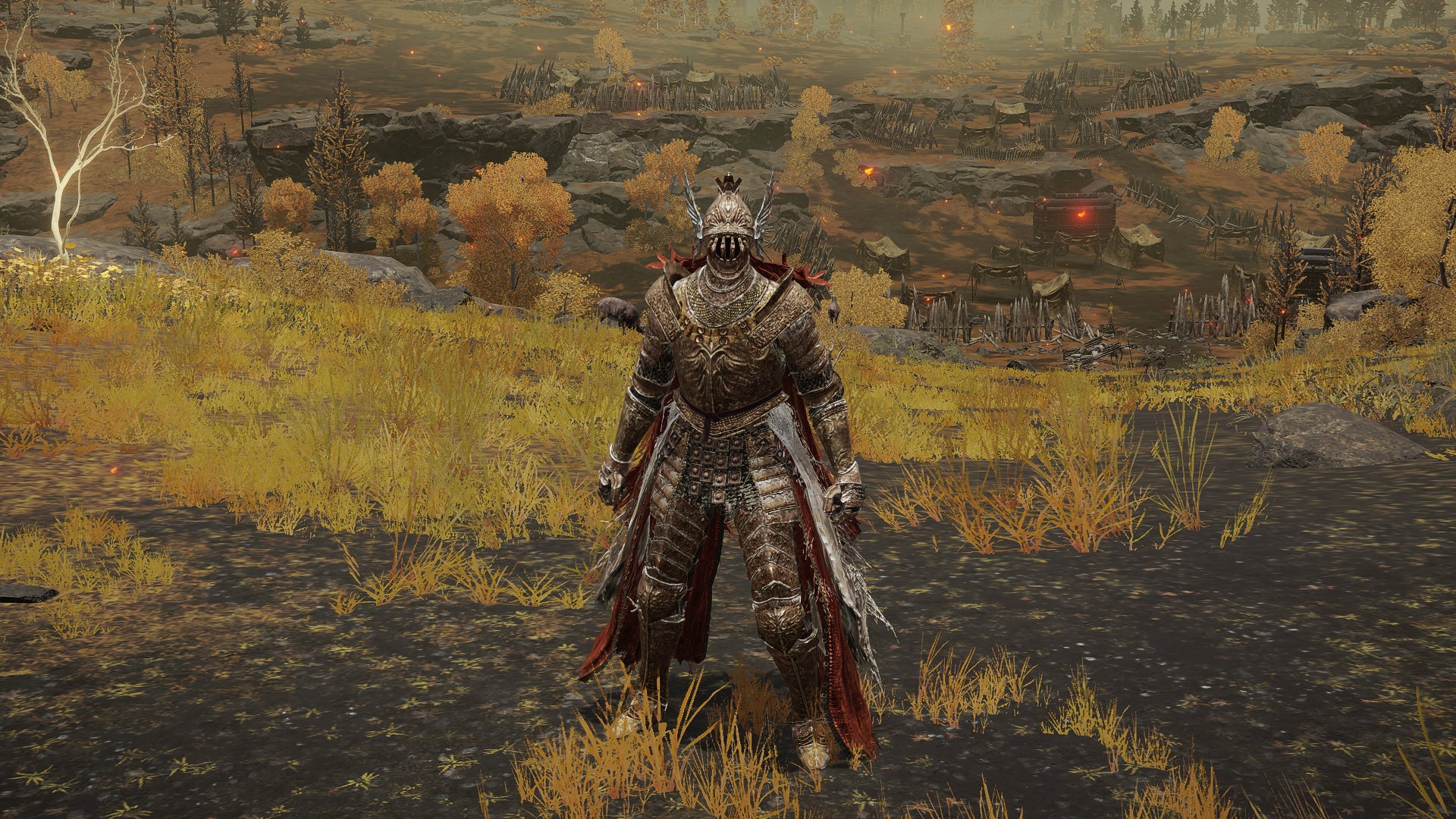 The player in Elden Ring stands in front of the camera wearing the Cleanrot Knight armour set. Behind them is a view of the Altus Plateau.