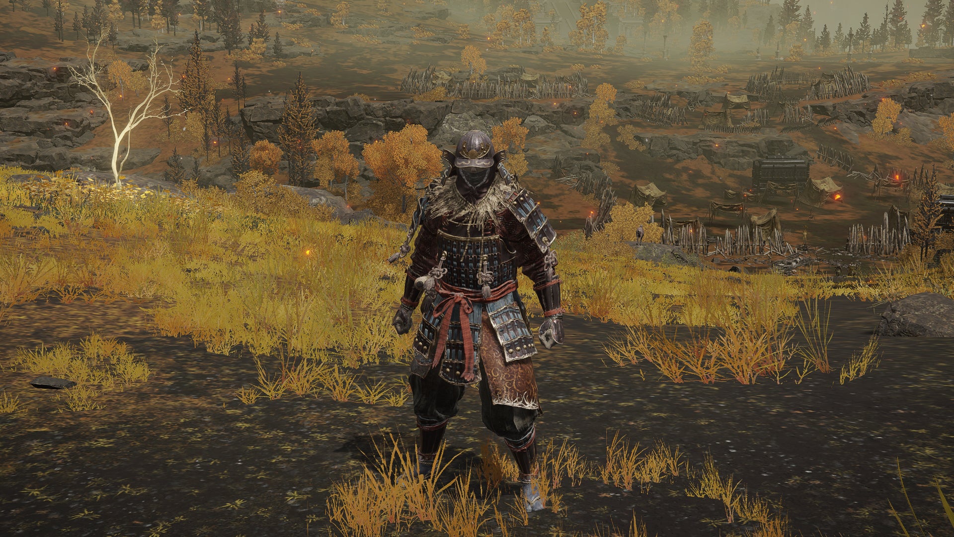 The player in Elden Ring stands in front of the camera wearing the Land Of Reeds armour set. Behind them is a view of the Altus Plateau.