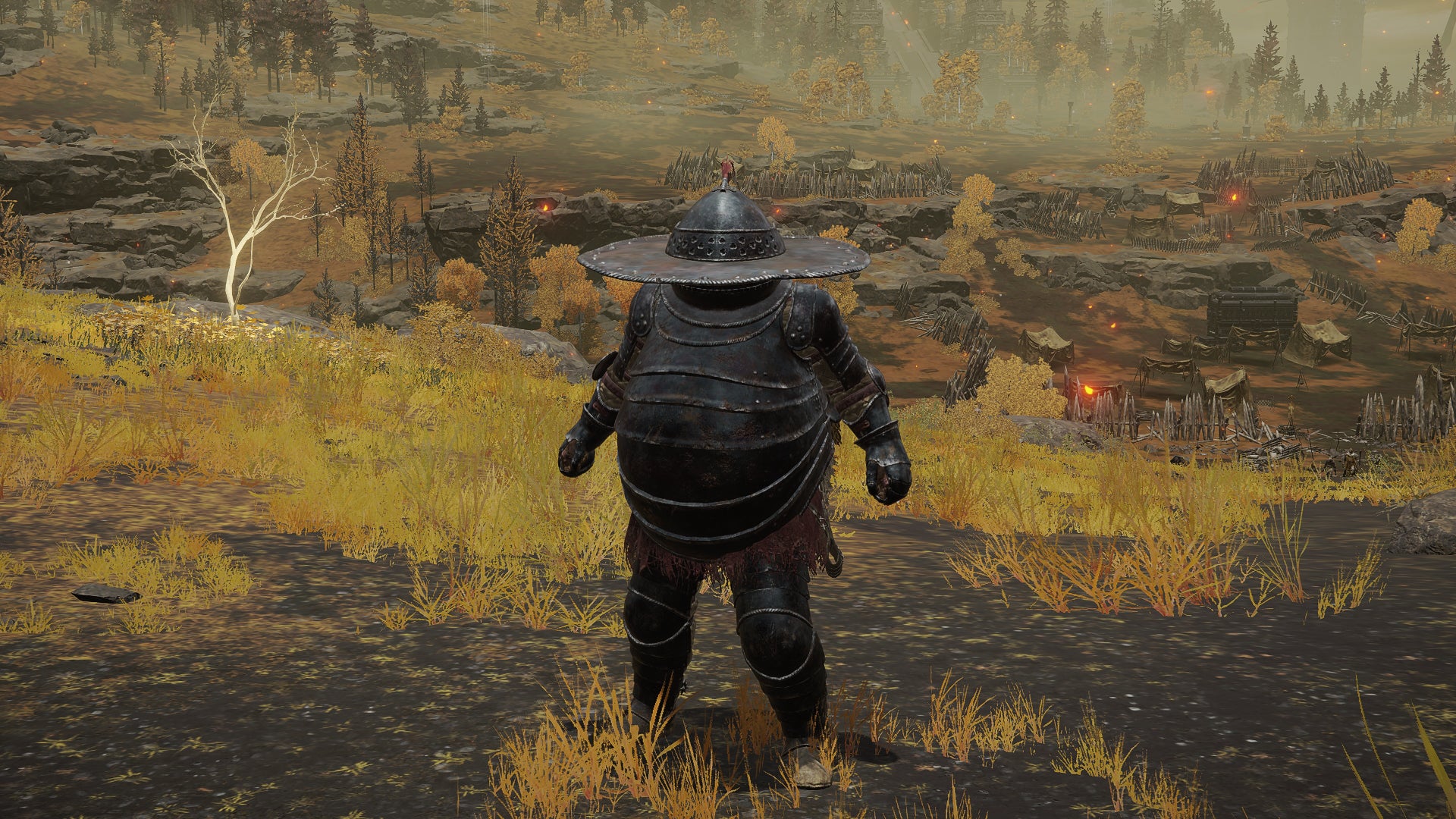 The player in Elden Ring stands in front of the camera wearing Lionel's armour set. Behind them is a view of the Altus Plateau.