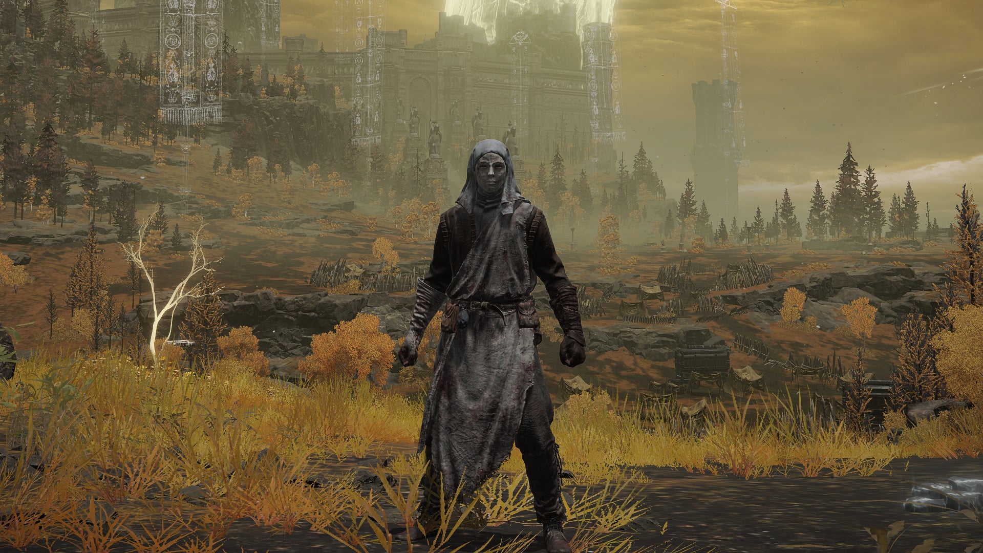 The player in Elden Ring stands in front of the camera wearing the War Surgeon armour set. Behind them is a view of the Altus Plateau.