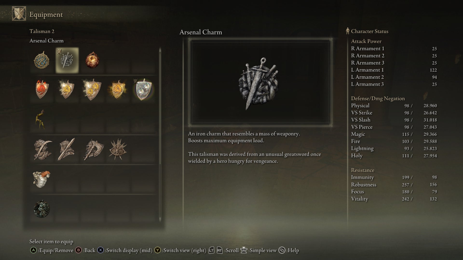 The Equipment screen in Elden Ring, with the Arsenal Charm Talisman highlighted.