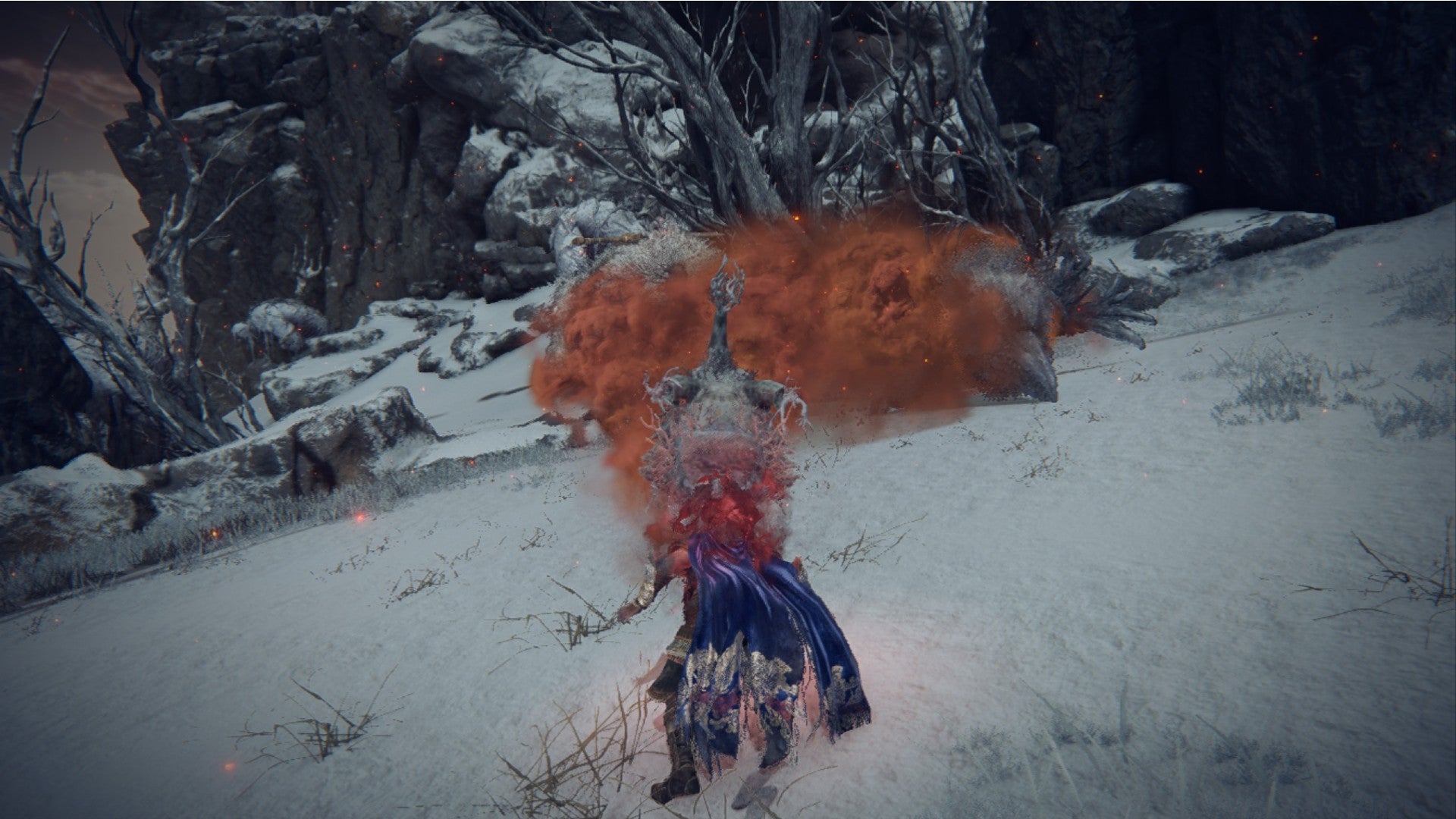 Elden Ring player breathes scarlet rot out of a dragon head on a snow-covered field
