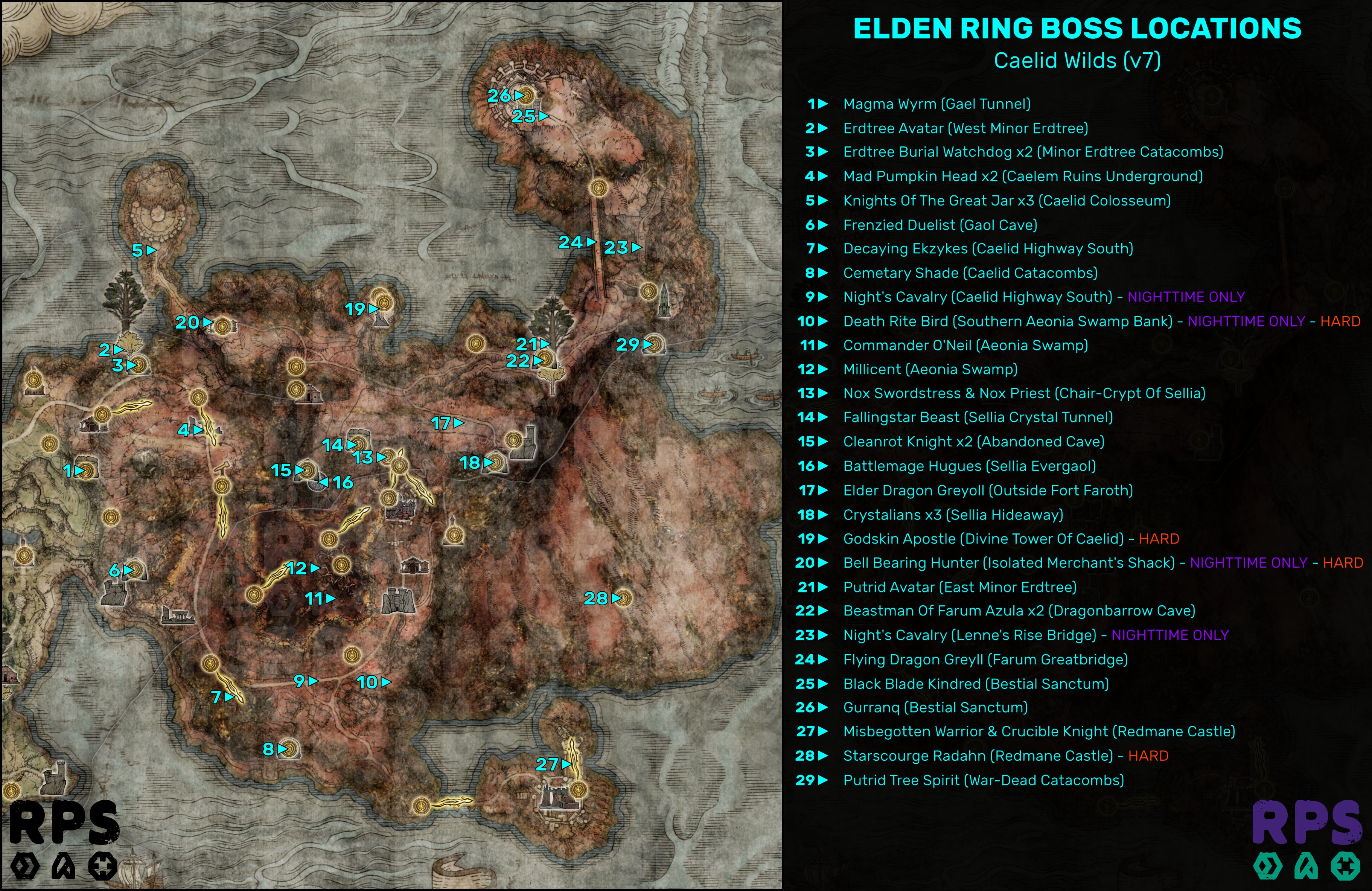 A map of Caelid in Elden Ring, with the locations of every single boss encounter marked and numbered.