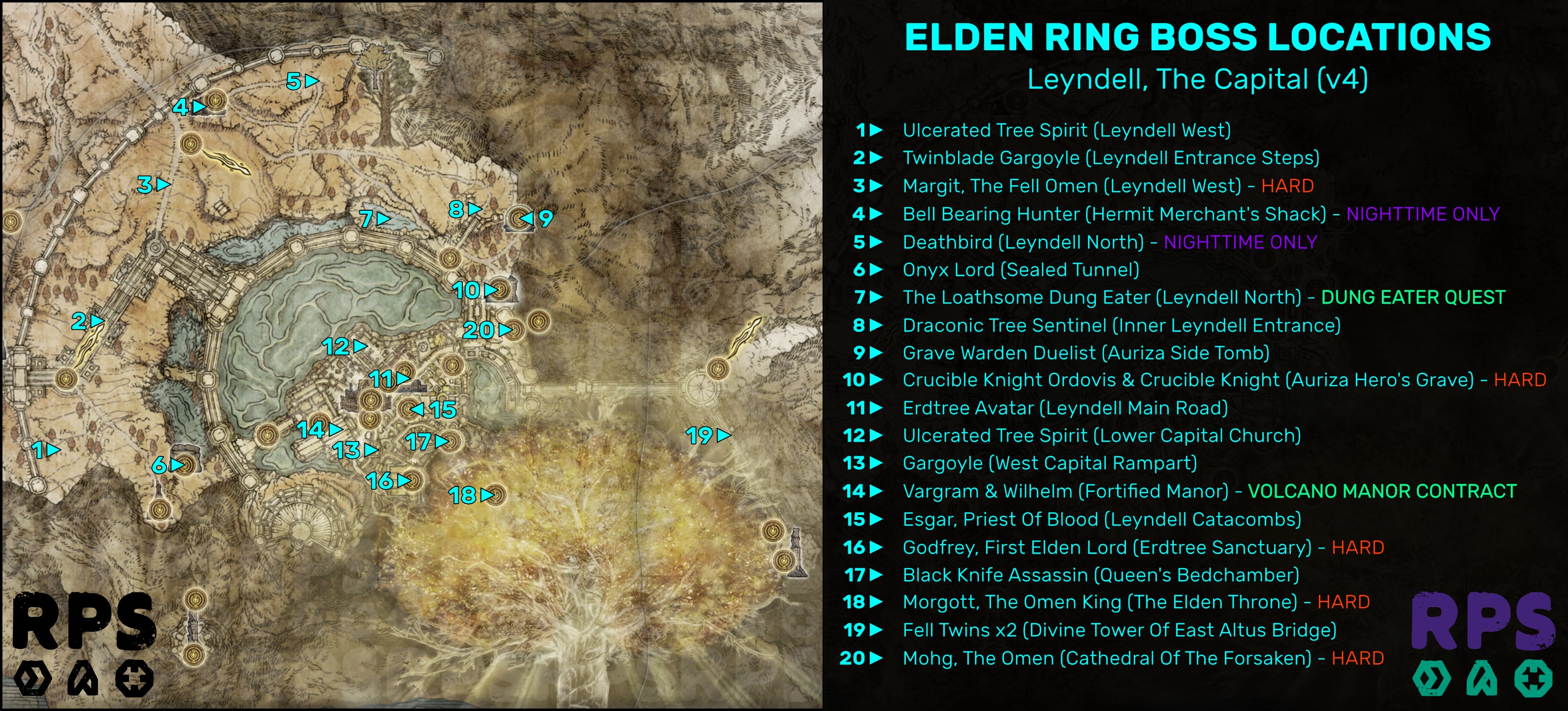 A map of Leyndell, the Capital in Elden Ring, with the locations of every single boss encounter marked and numbered.