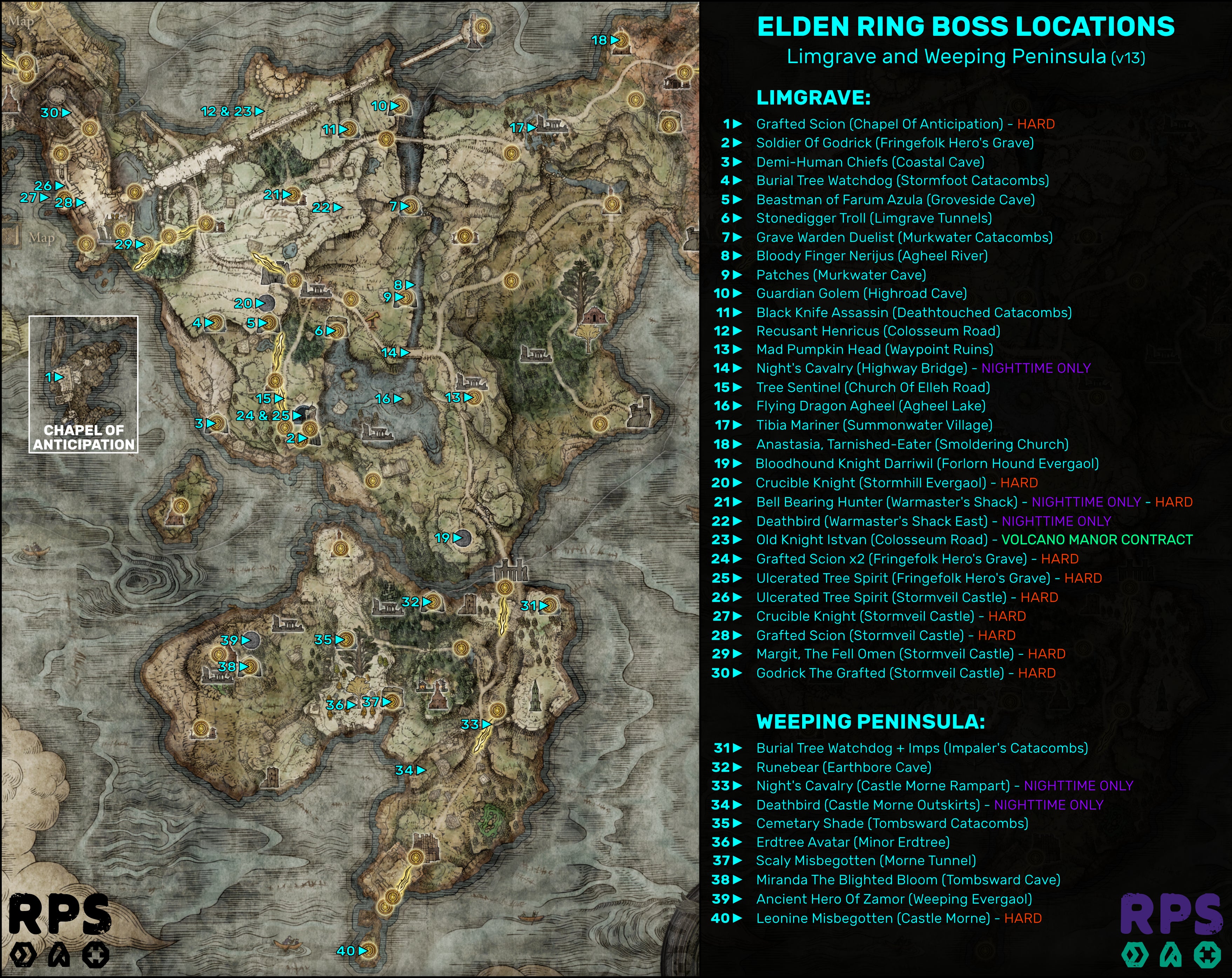 A map of Limgrave and the Weeping Peninsula in Elden Ring, with the locations of every single boss encounter marked and numbered.
