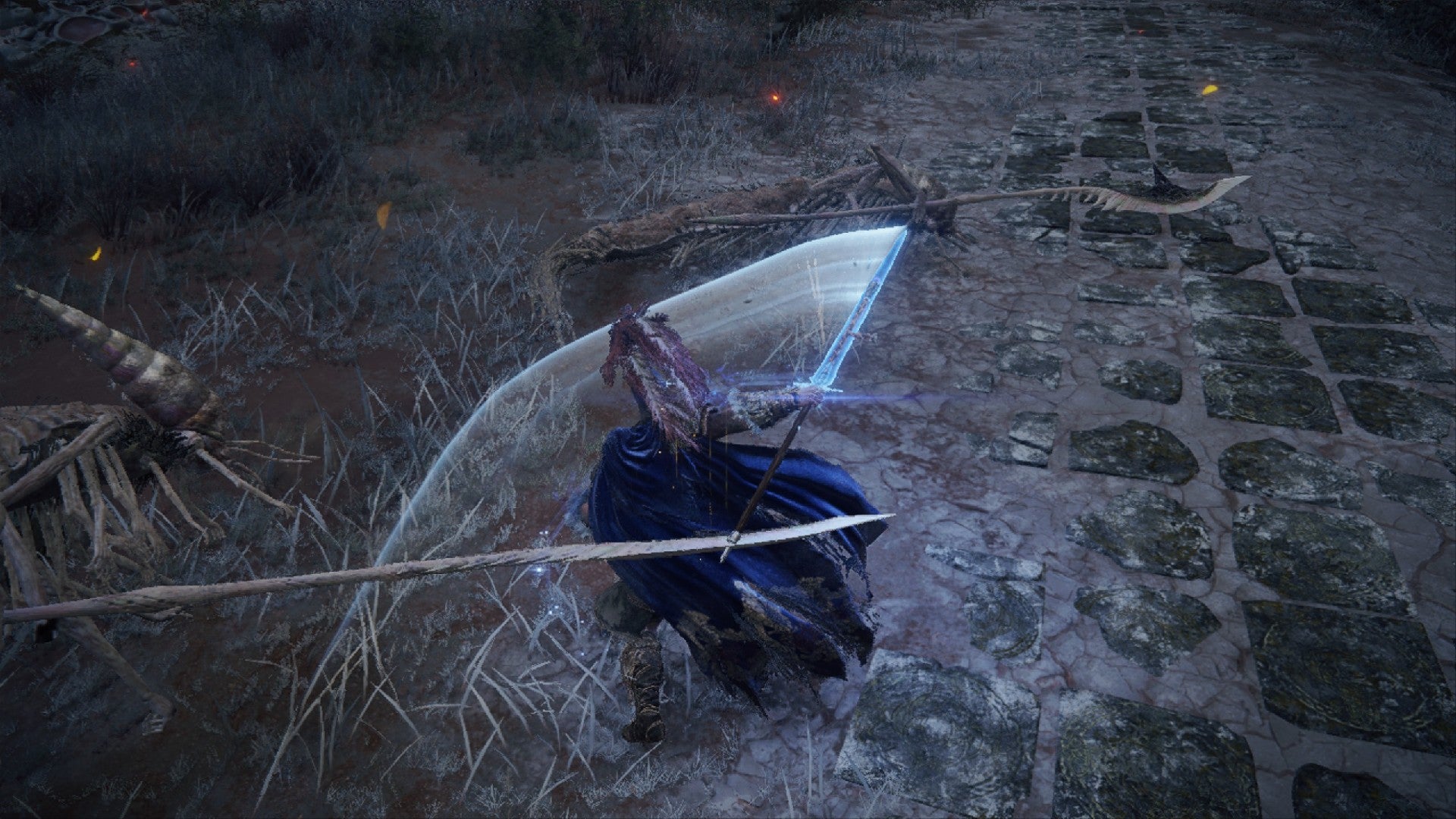 Elden Ring player in cuckoo knight armor swinging the carian slicer spectral sword towards a bug-like enemy on a stone path.