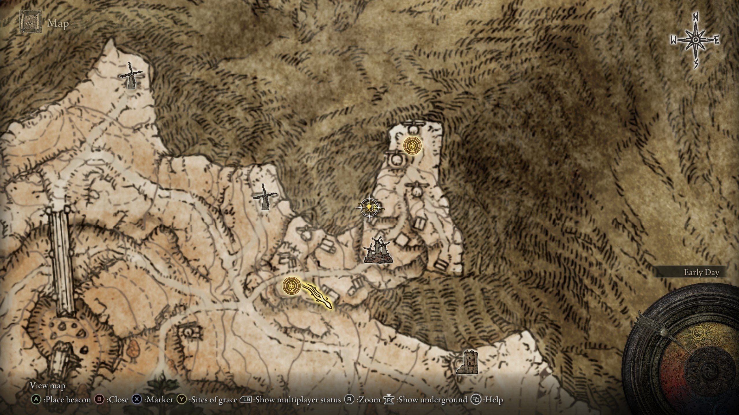 The location of the Celebrant's Skull weapon on the map in Dominula, Village, on the northern edge of Elden Ring's Altus Plateau