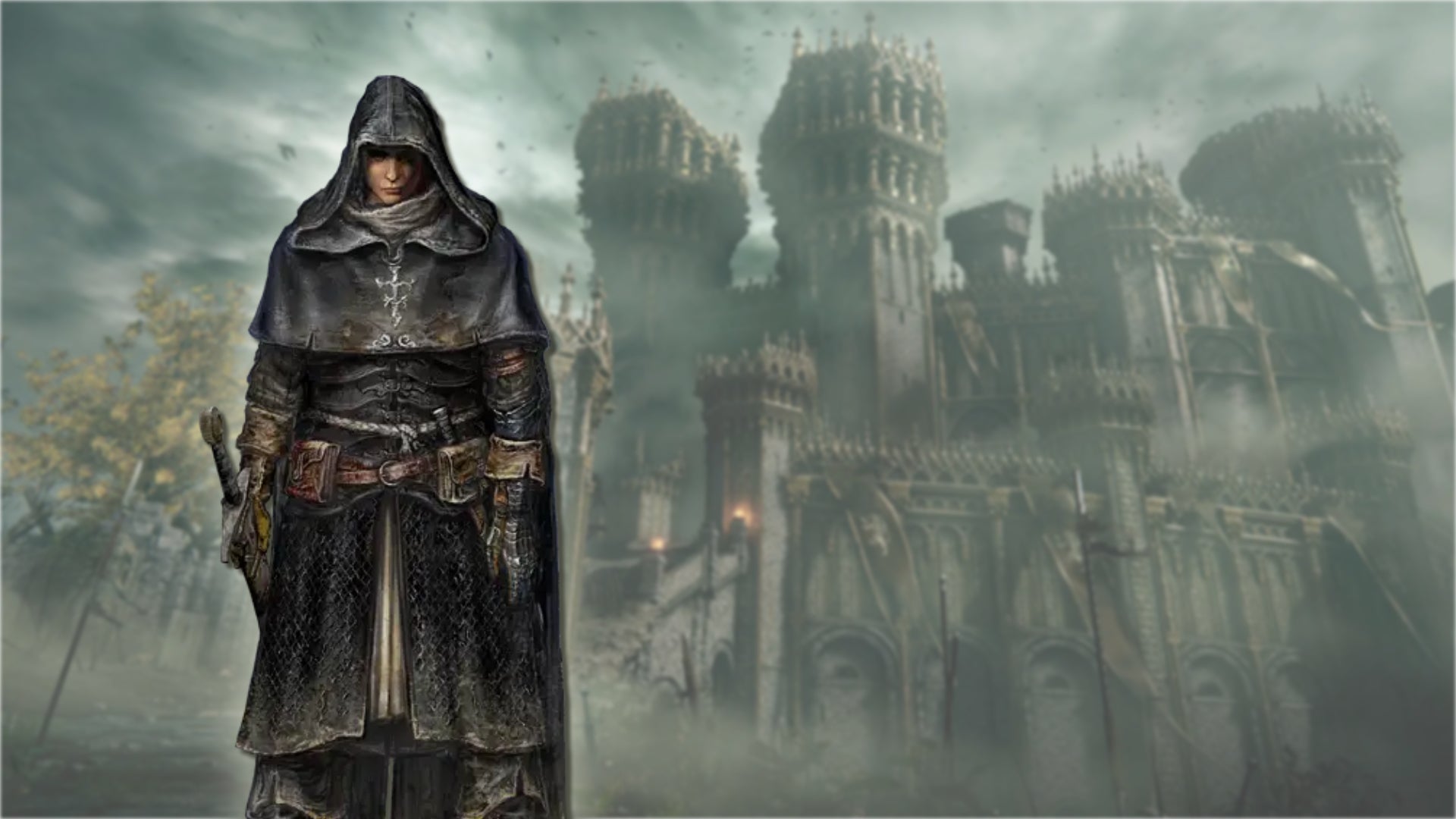 A portrait of the Confessor class in Elden Ring, against a gothic castle backdrop.
