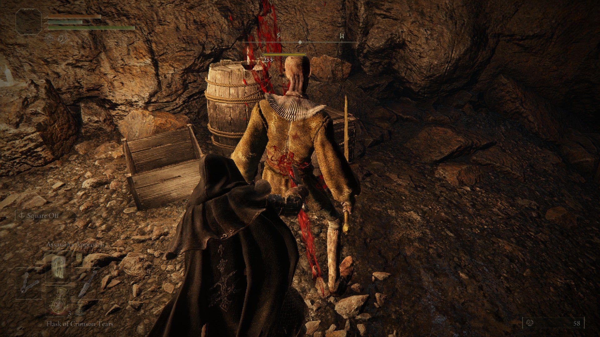 Elden Ring Confessor backstabbing an exile in a cave using Assassin's Approach