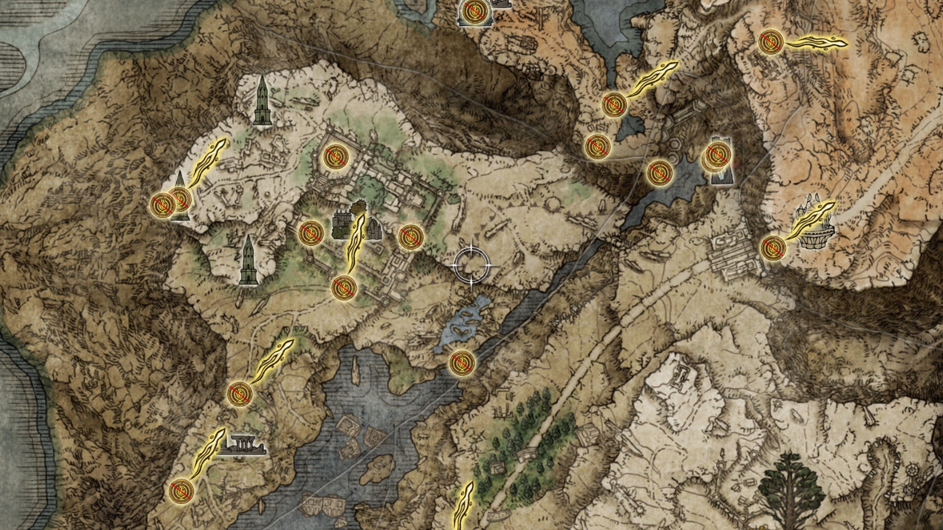 Part of the Elden Ring map. All the Site of Grace icons have a line through them, indicating that fast travel is currently disabled.