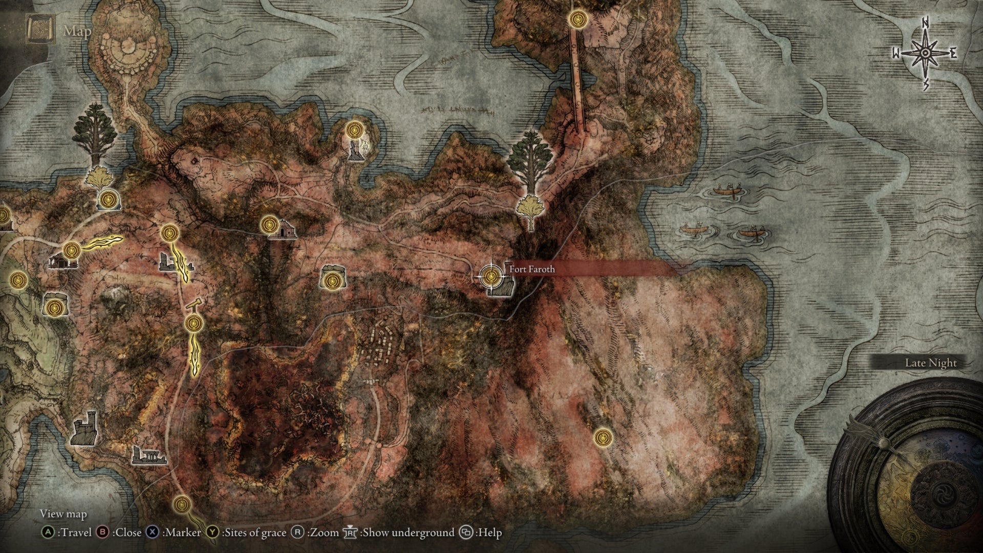Part of the Elden Ring map, with the location of Fort Faroth marked.