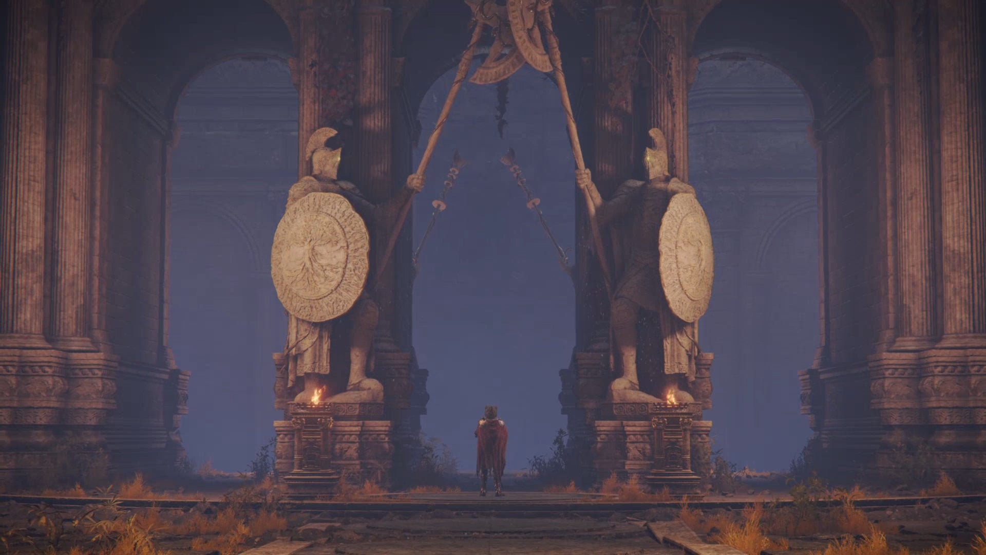 A screenshot from a cutscene in Elden Ring: the player stands before the now-functional Grand Lift of Dectus.