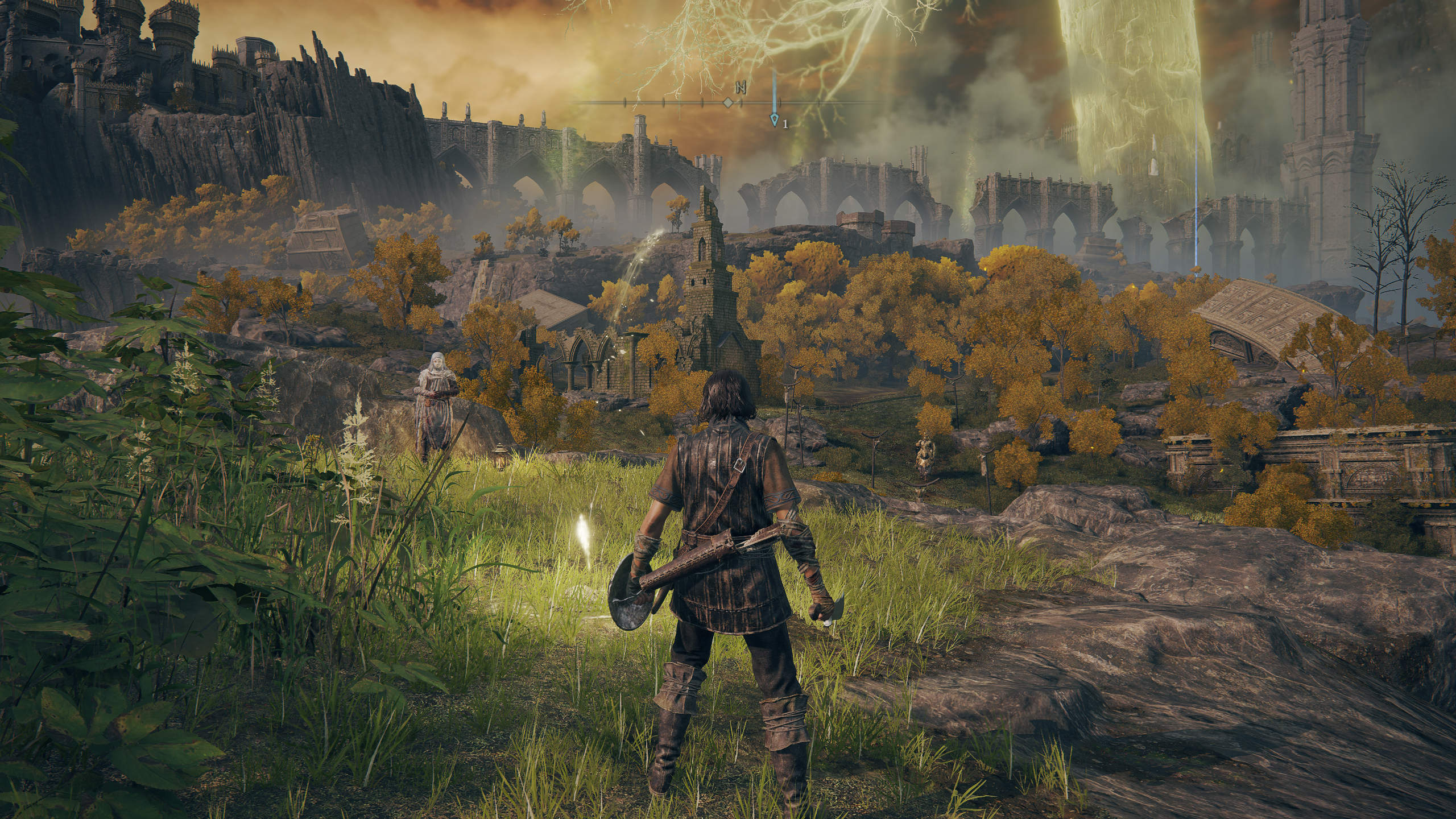 A scene from Elden Ring showing the player character looking out over the Limgrave region. This shows the High graphics preset.